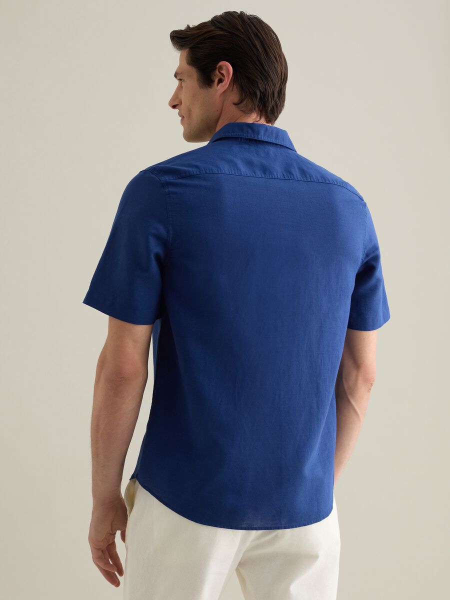 Blue Short Sleeve Linen and Cotton Piombo Shirt_3