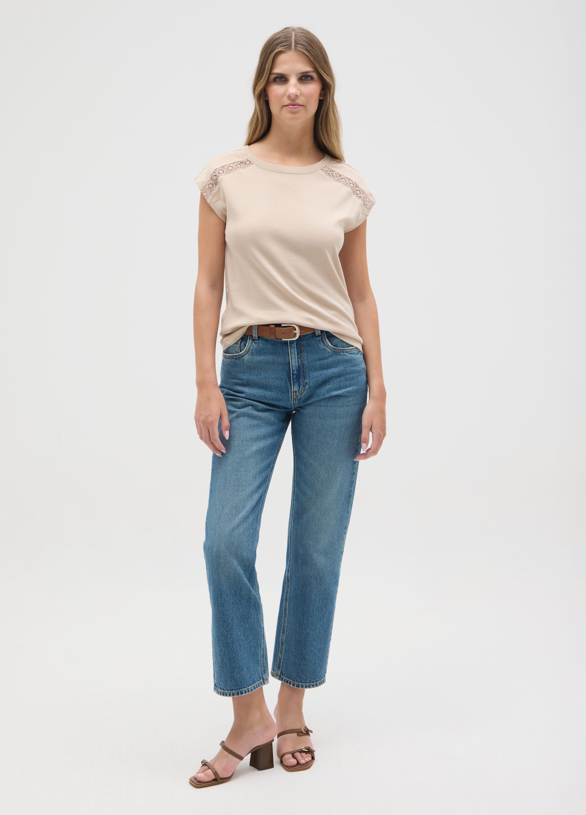 Women's beige pure cotton regular fit T-shirt with lace