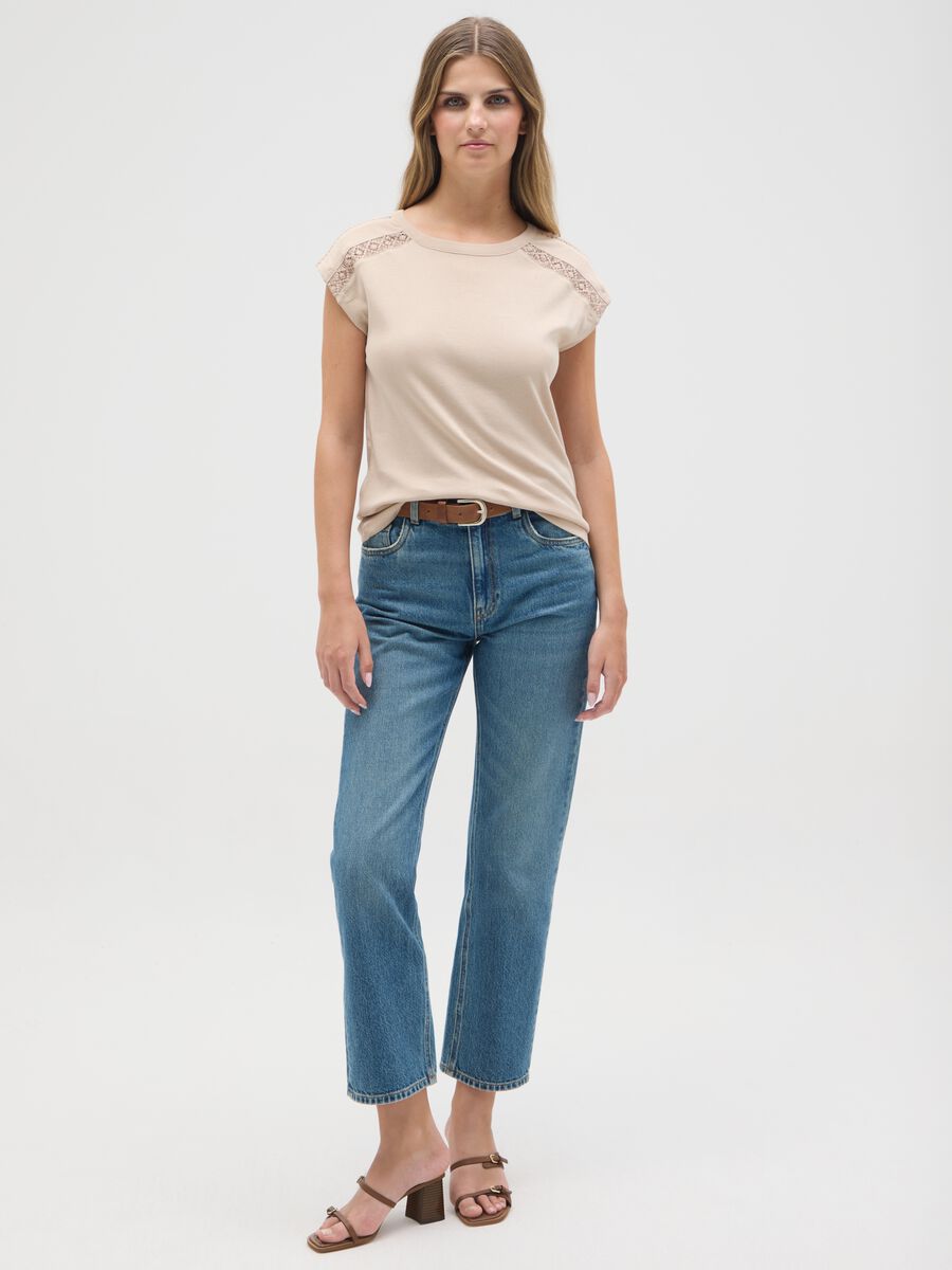 Women's beige pure cotton regular fit T-shirt with lace_1