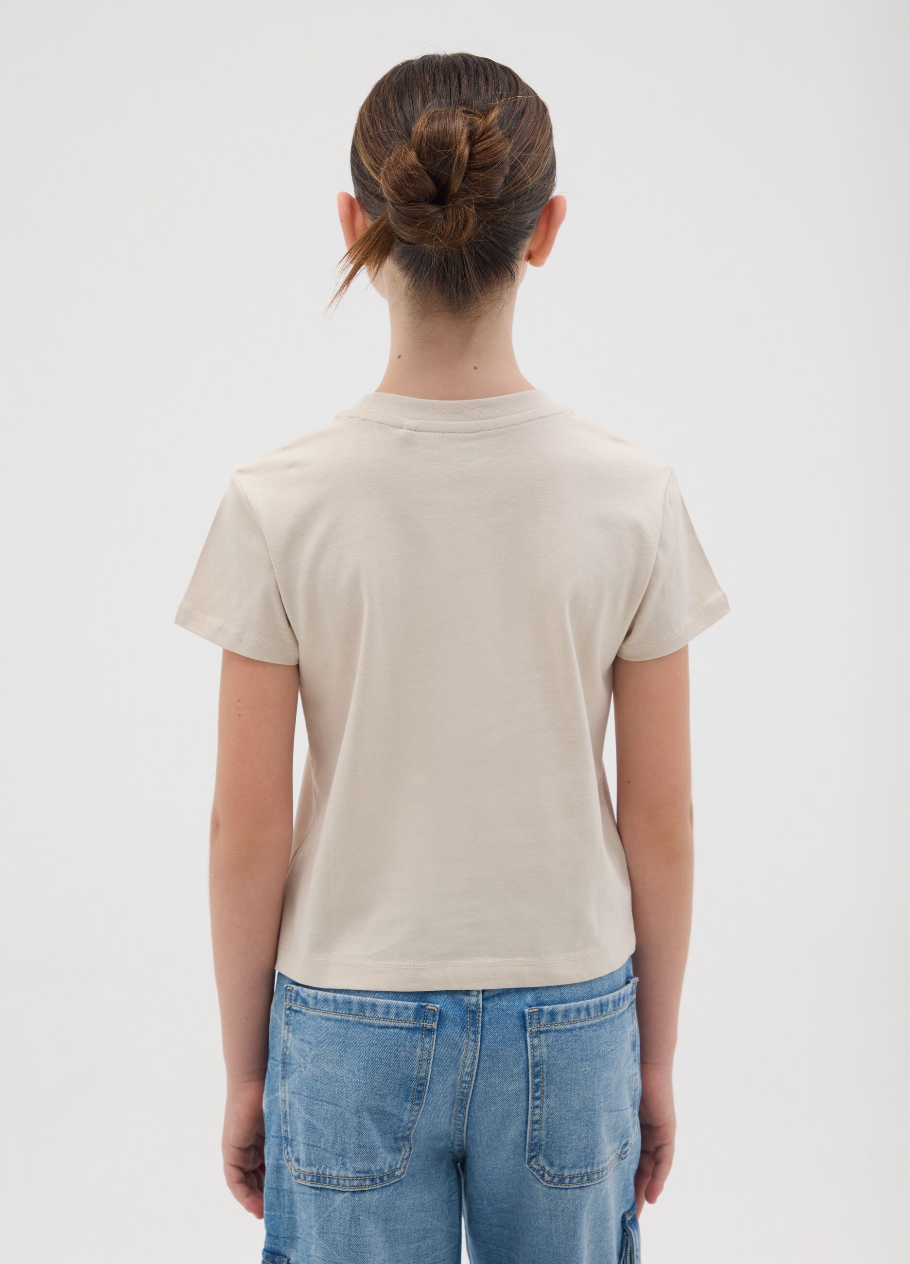Beige girl's T-shirt in pure cotton regular fit with print