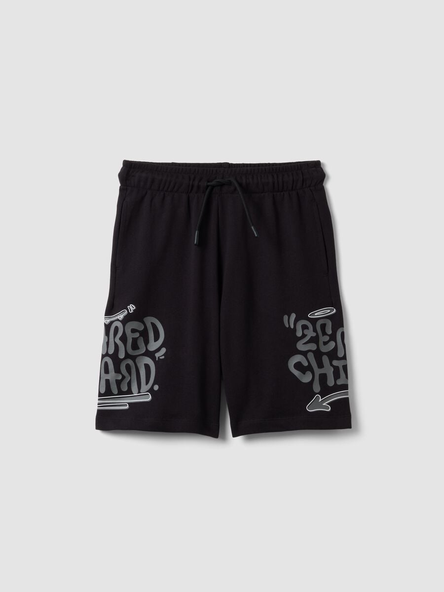 Shorts neri in puro cotone da ragazzo oversize fit con stampe_3