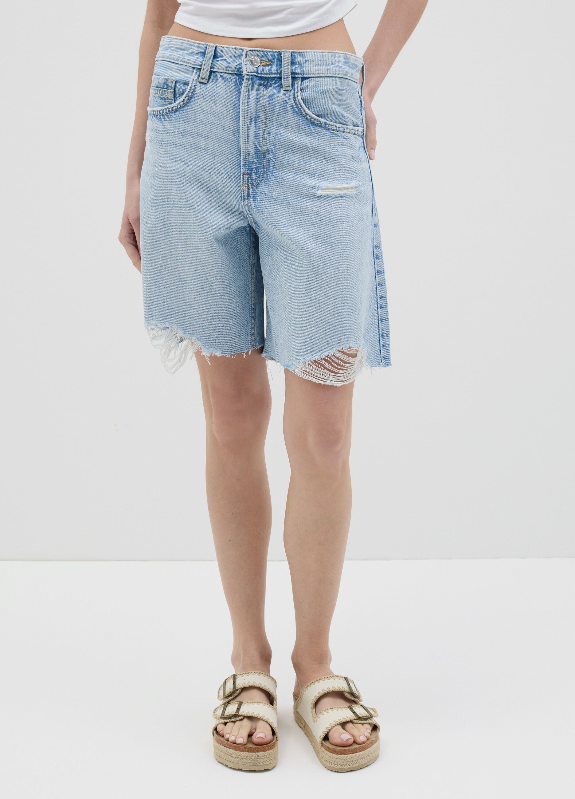 Shorts da donna in puro cotone azzurro regular fit