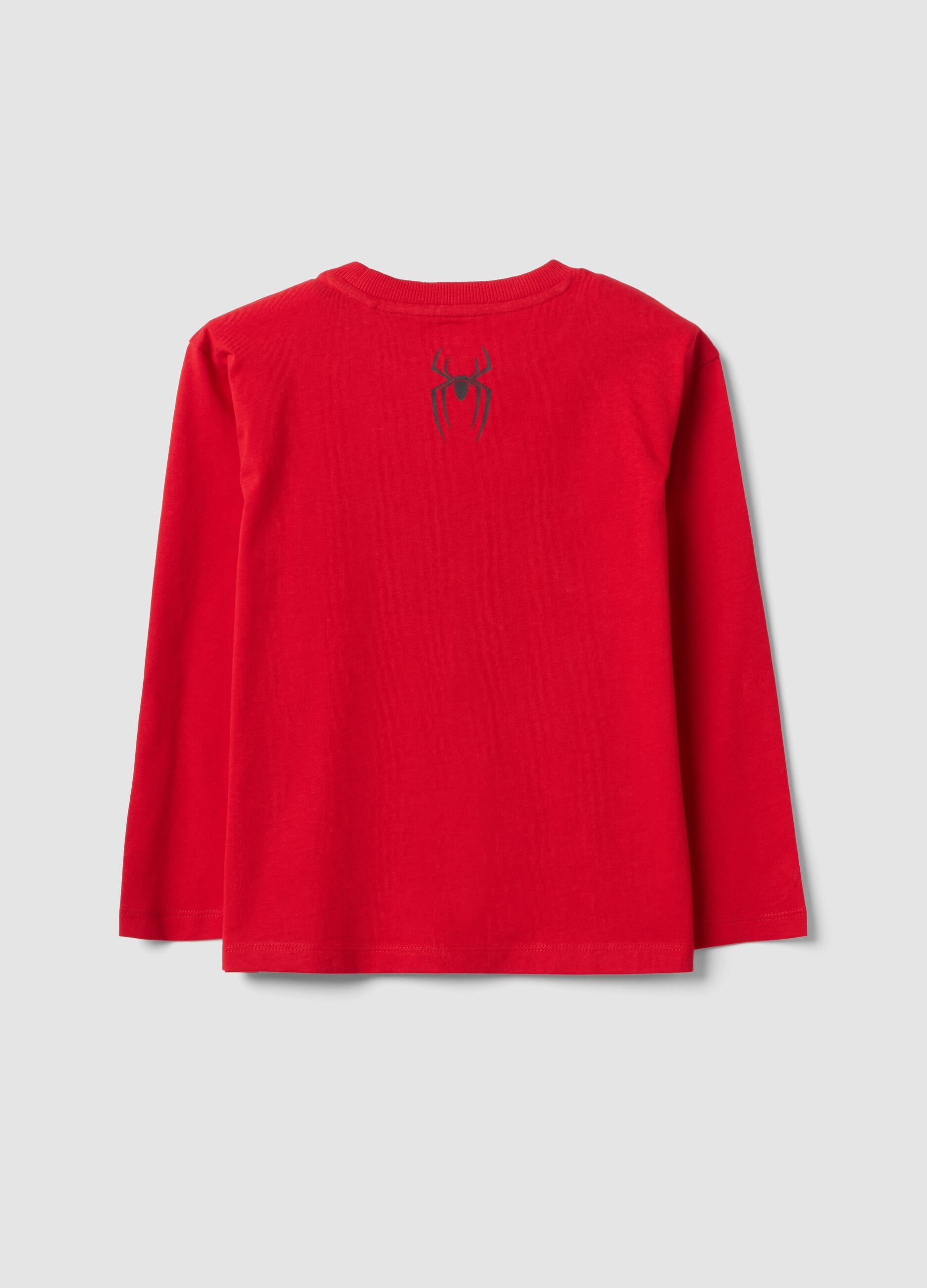 Red long-sleeved pure cotton Spider-Man print T-shirt for boys