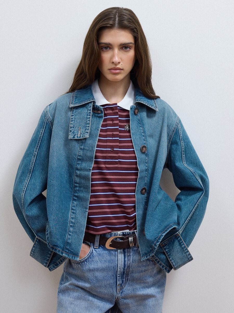Giacca blu in denim di puro cotone over fit_0