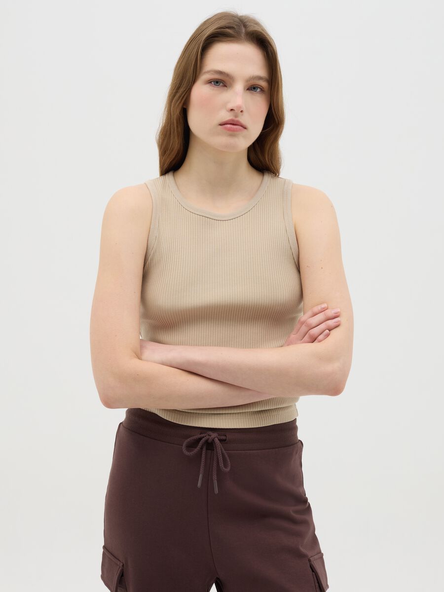 Beige Stretch Cotton Vest_0