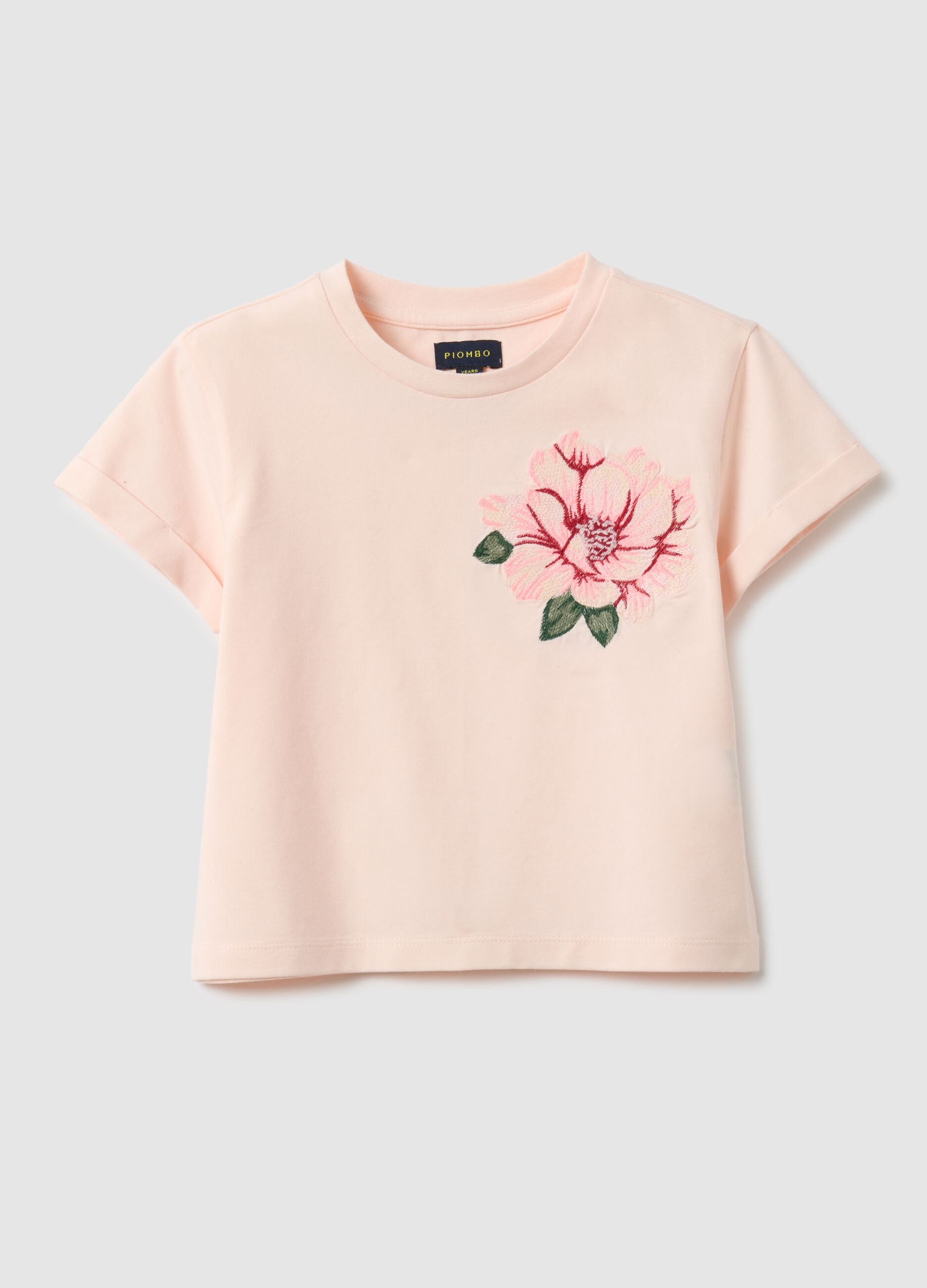 Girls' pink cotton blend T-shirt regular fit with floral embroidery