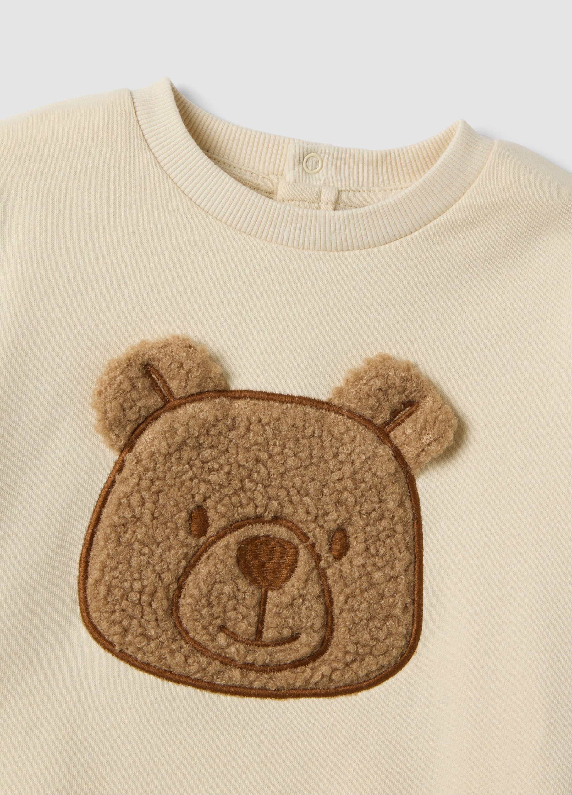 Beige pure cotton crew-neck sweatshirt with teddy bear