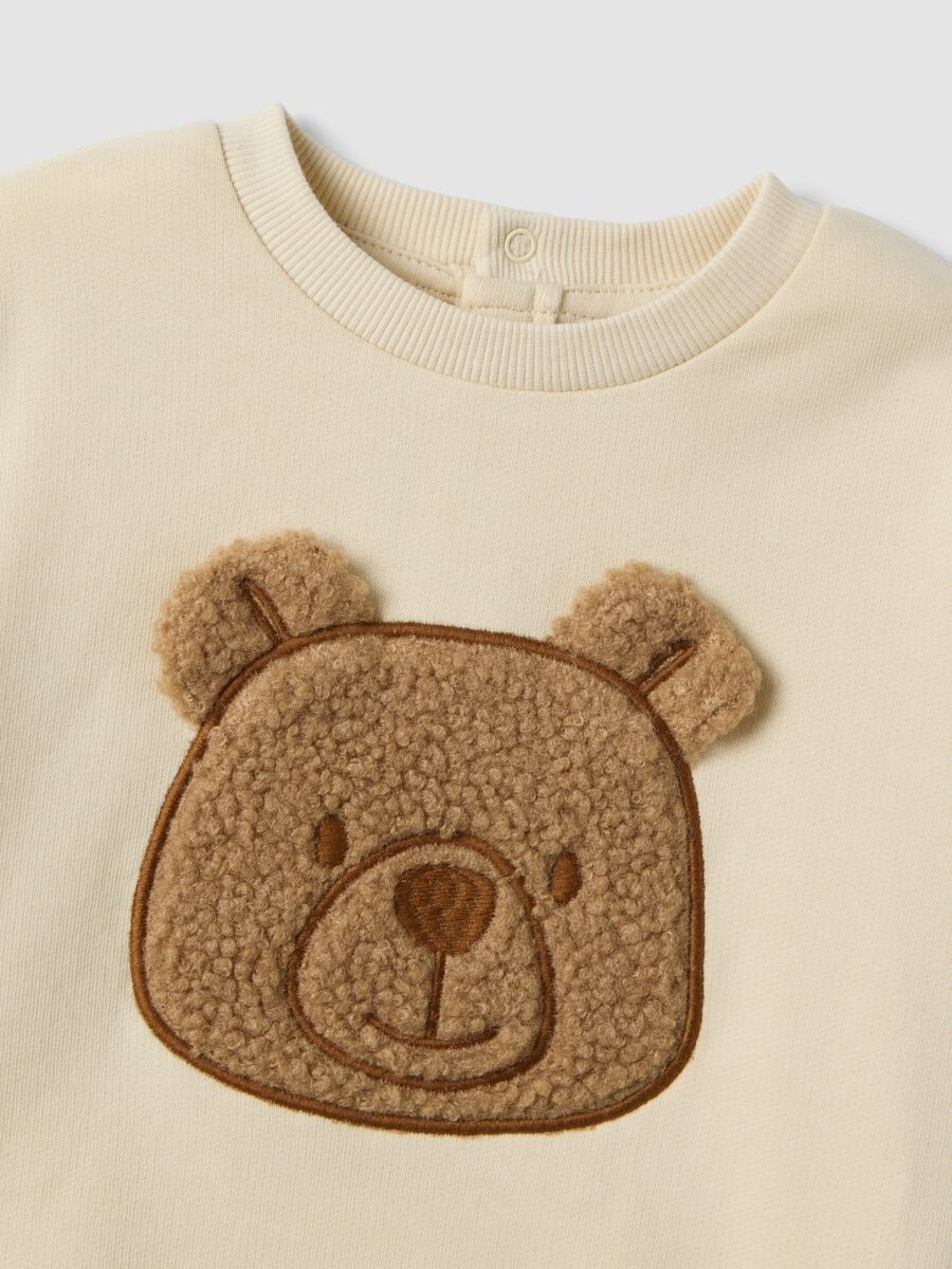 Felpa beige in puro cotone con girocollo e orsetto_1