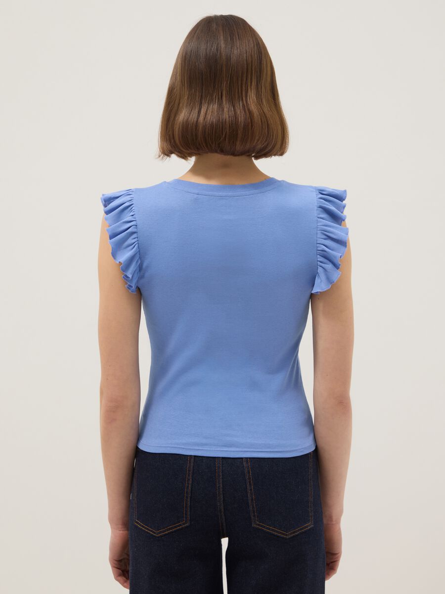 Sky blue slim fit pure cotton T-shirt with ruffles_2