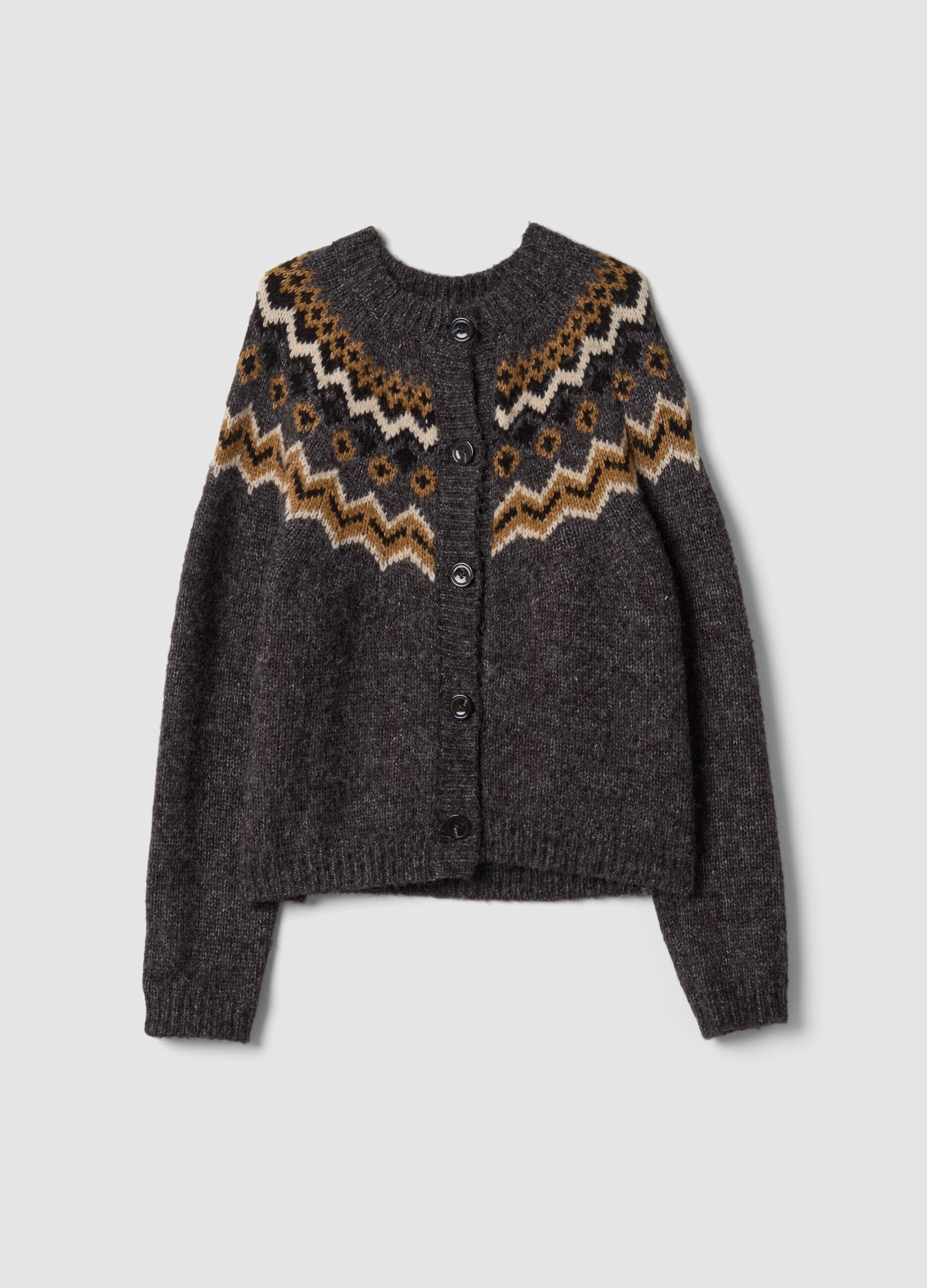 Cardigan grigio girocollo con fantasia jacquard