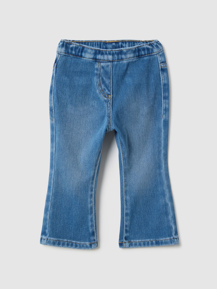 Blue denim jeggings in cotton blend flare fit for girls_0