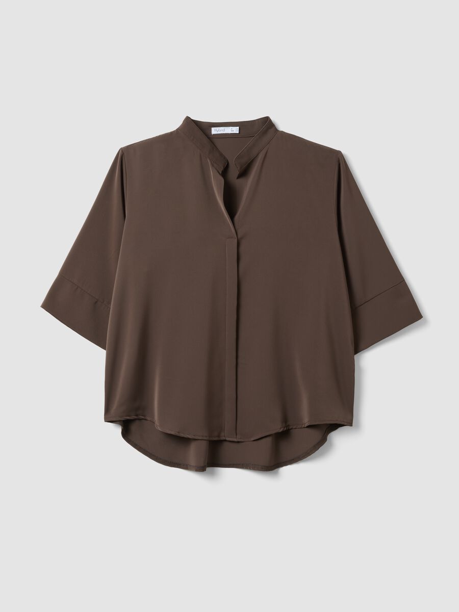 Brown long-sleeve regular fit shirt with band collar_0