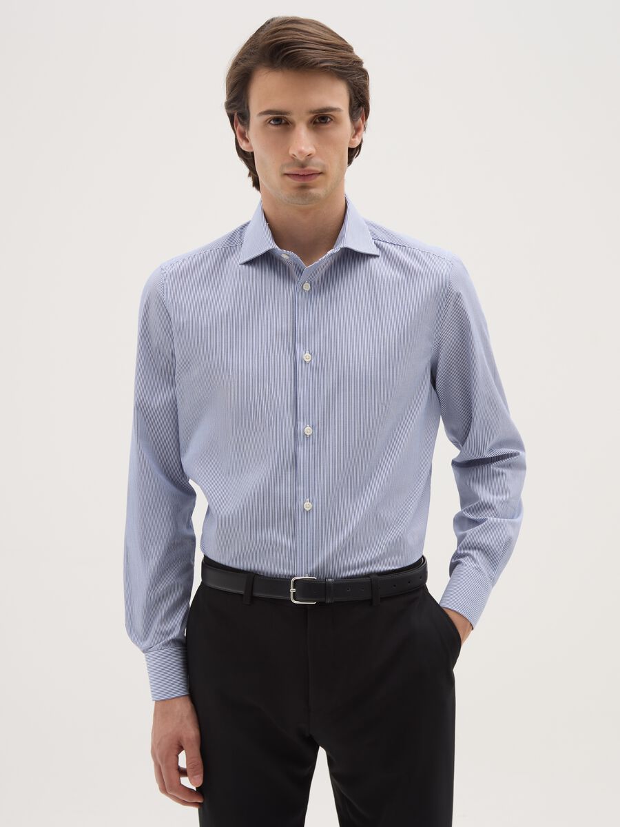 Slim fit blue cotton blend shirt_0