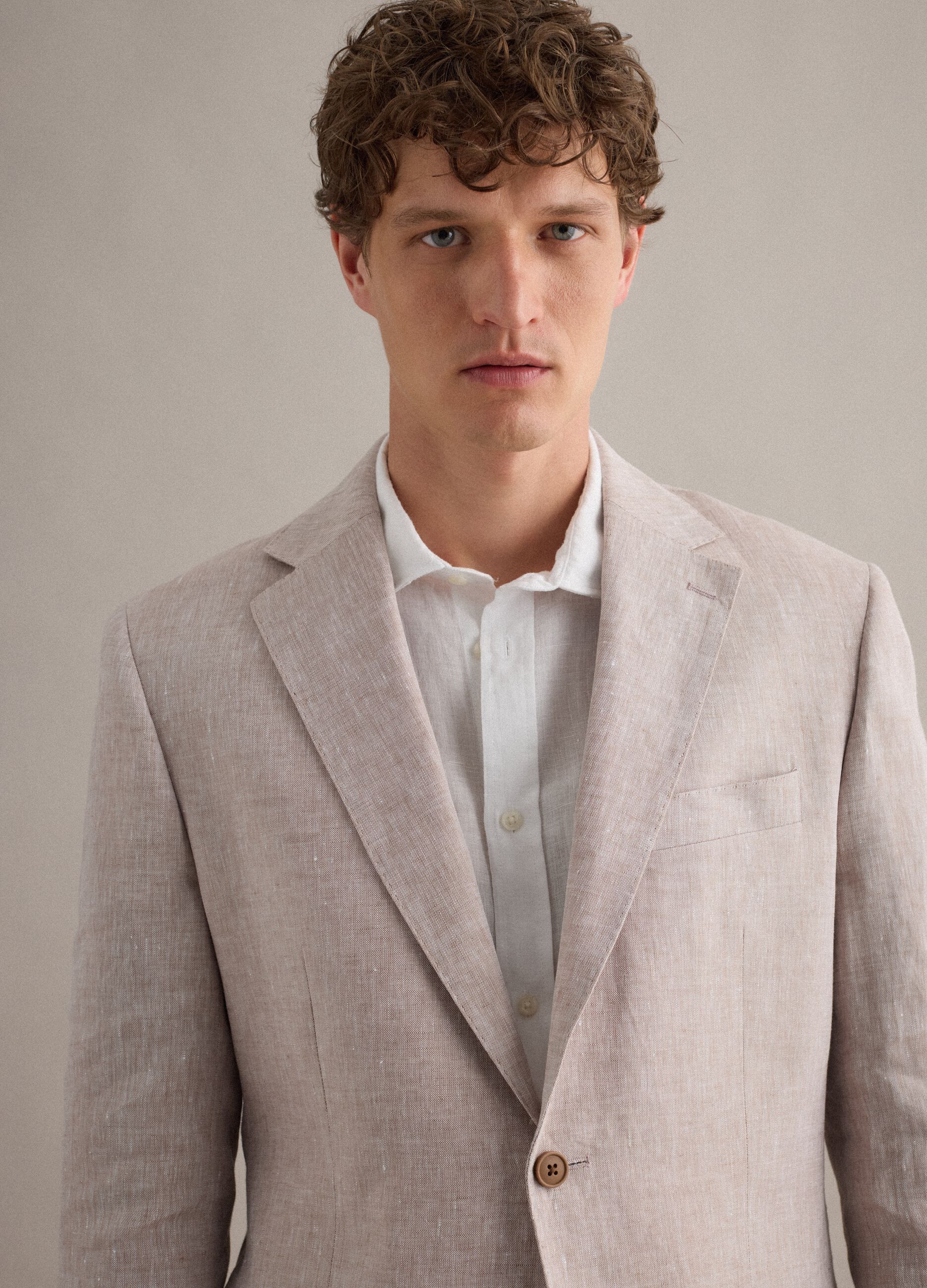 Slim Fit Beige Pure Linen Blazer