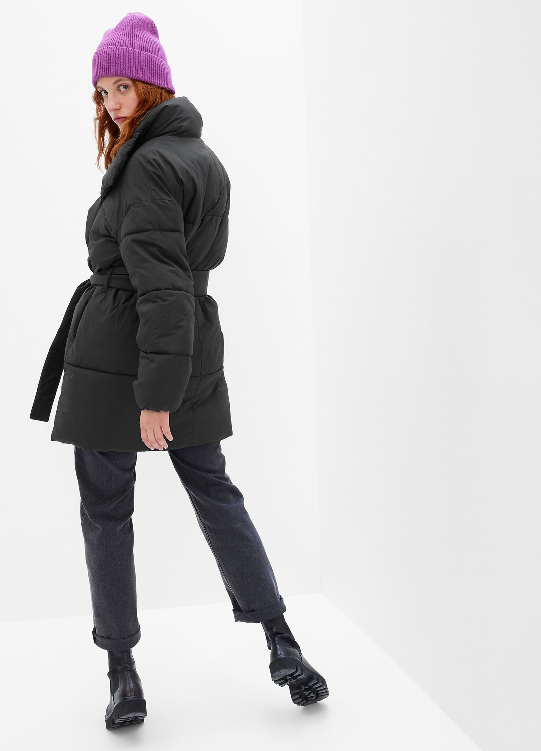 Long quilted padded jacket with belt