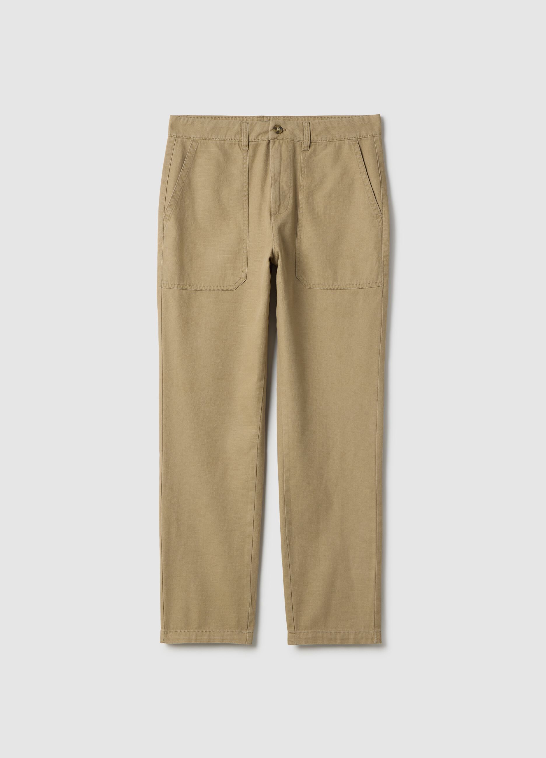 Beige Regular Fit Cotton and Linen Trousers