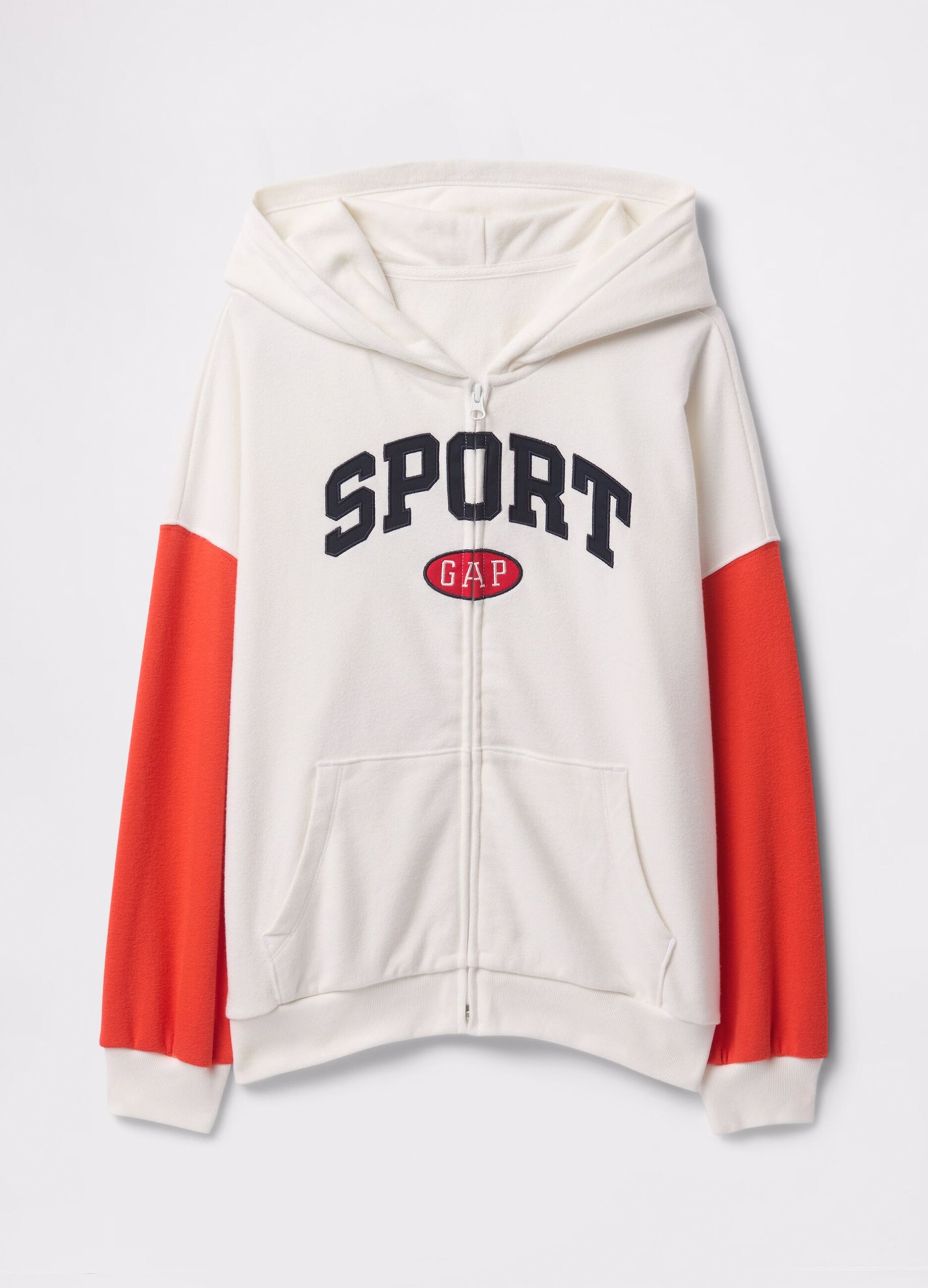 White and red full-zip sweatshirt with hood and logo embroidery