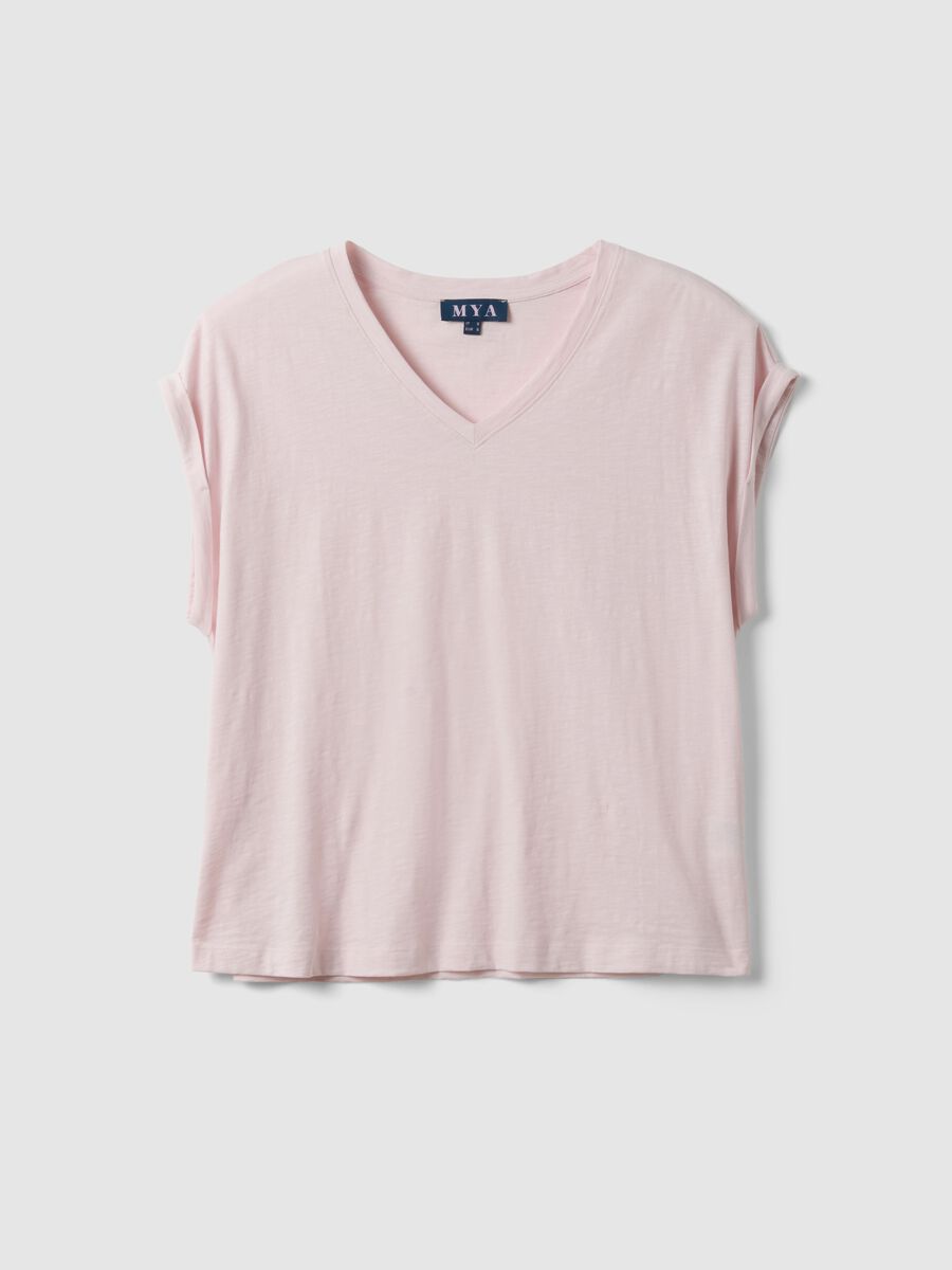 T-shirt a maniche corte in puro cotone rosa regular fit con collo a V_4