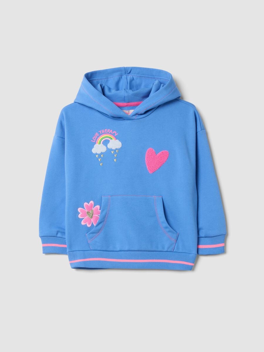 Felpa blu in misto cotone con cappuccio e dettagli ricamati regular fit_0
