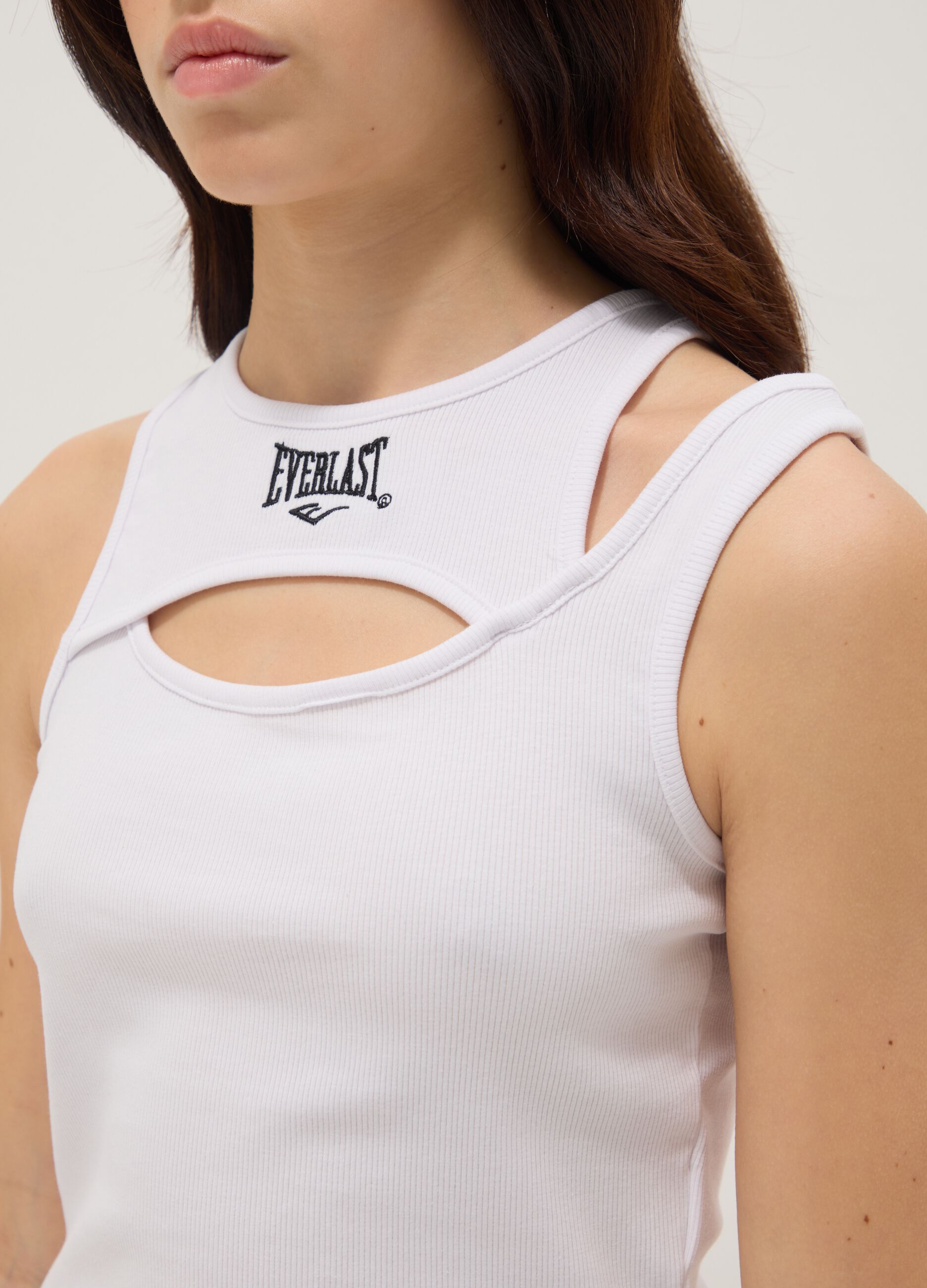 White stretch cotton tank top with asymmetric straps