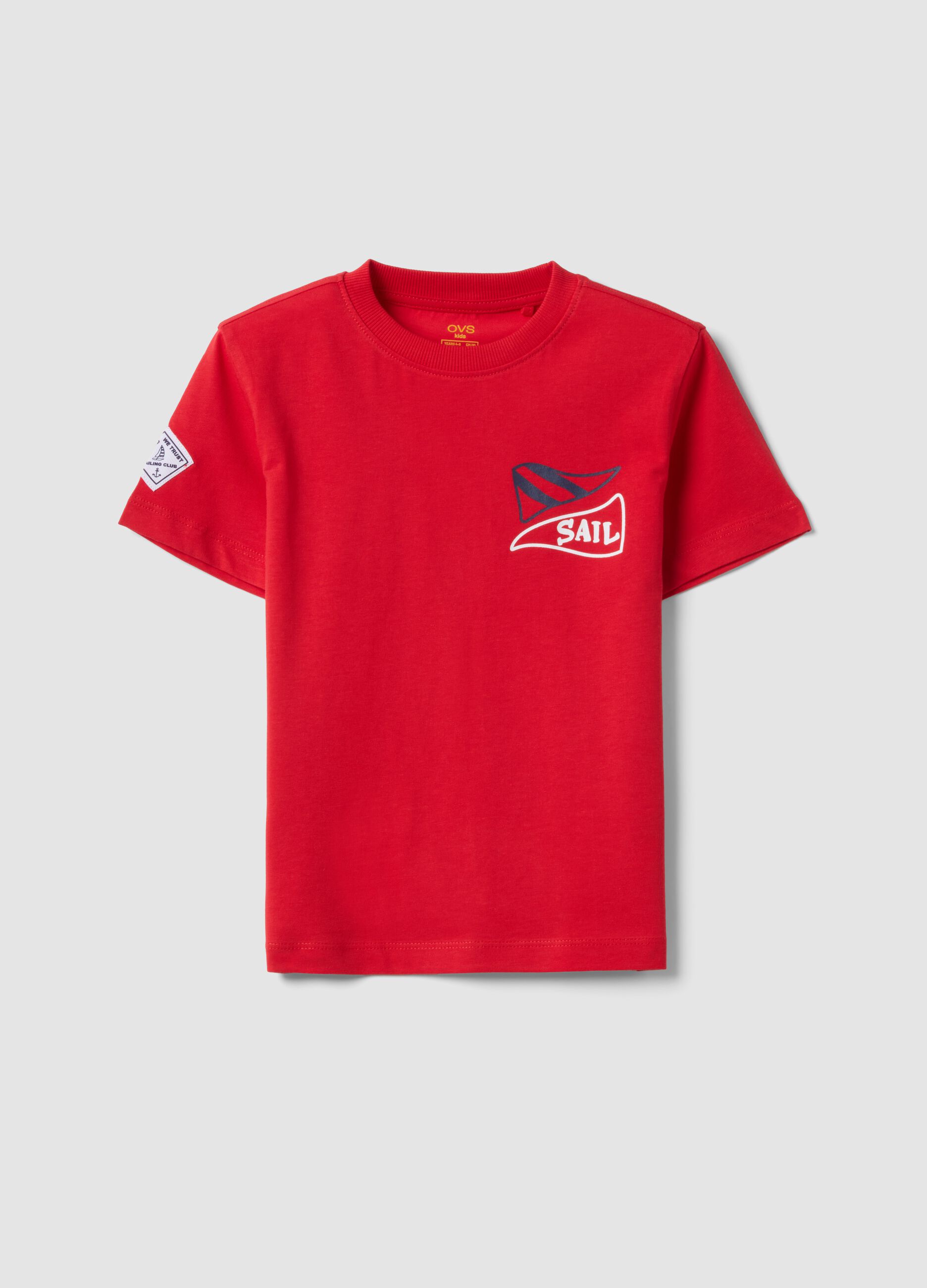 Red pure cotton boys&rsquo; T-shirt with sailing print