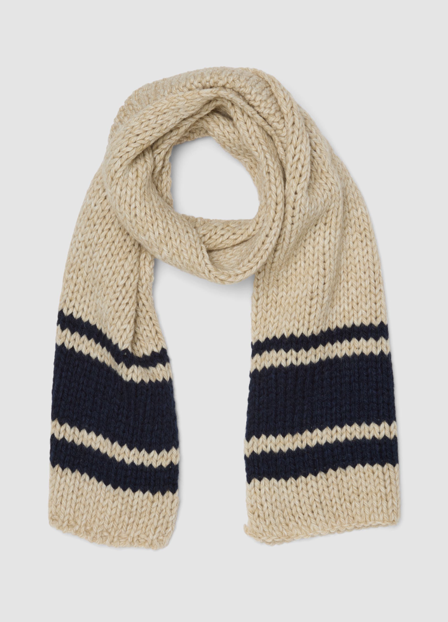 Sciarpa beige in misto lana a maglia con righe blu