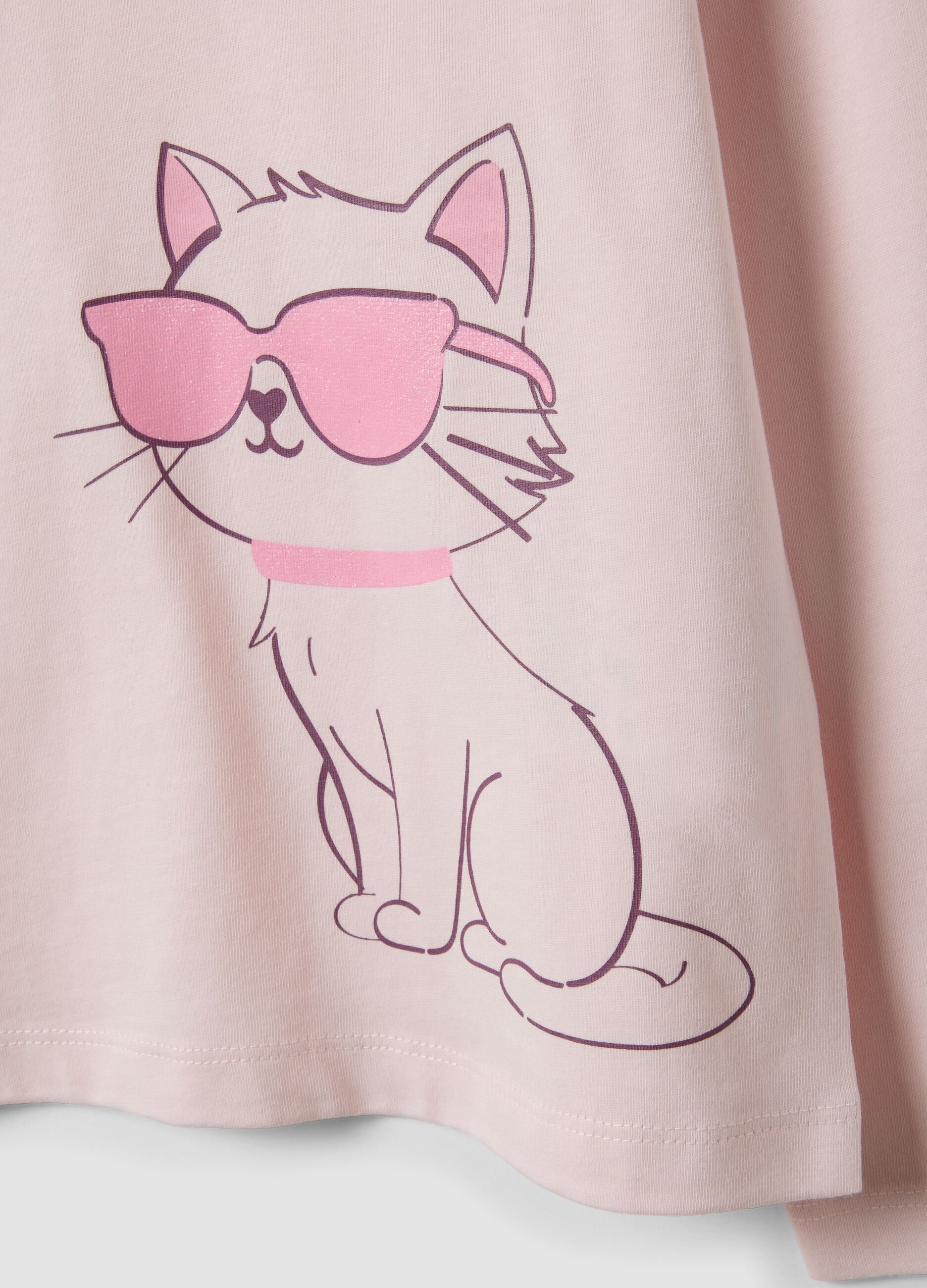 Pink organic cotton T-shirt with kitten print for girls