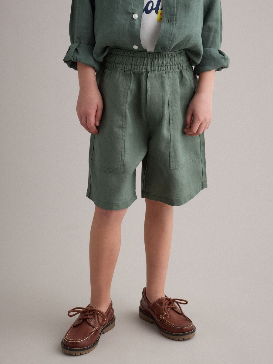Shorts cargo in puro lino verdi da bambino baggy fit_2