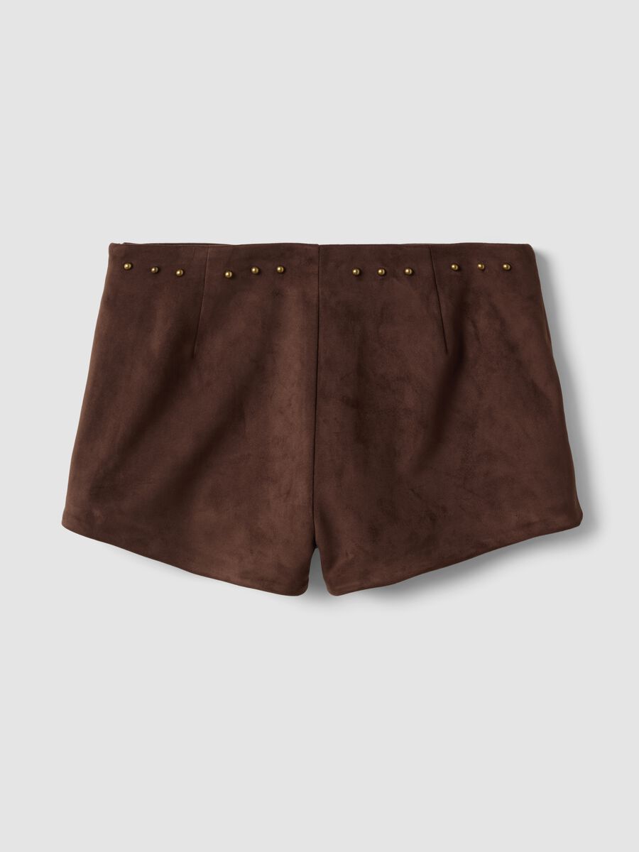 Mini shorts marroni in tessuto elasticizzato con borchie_5