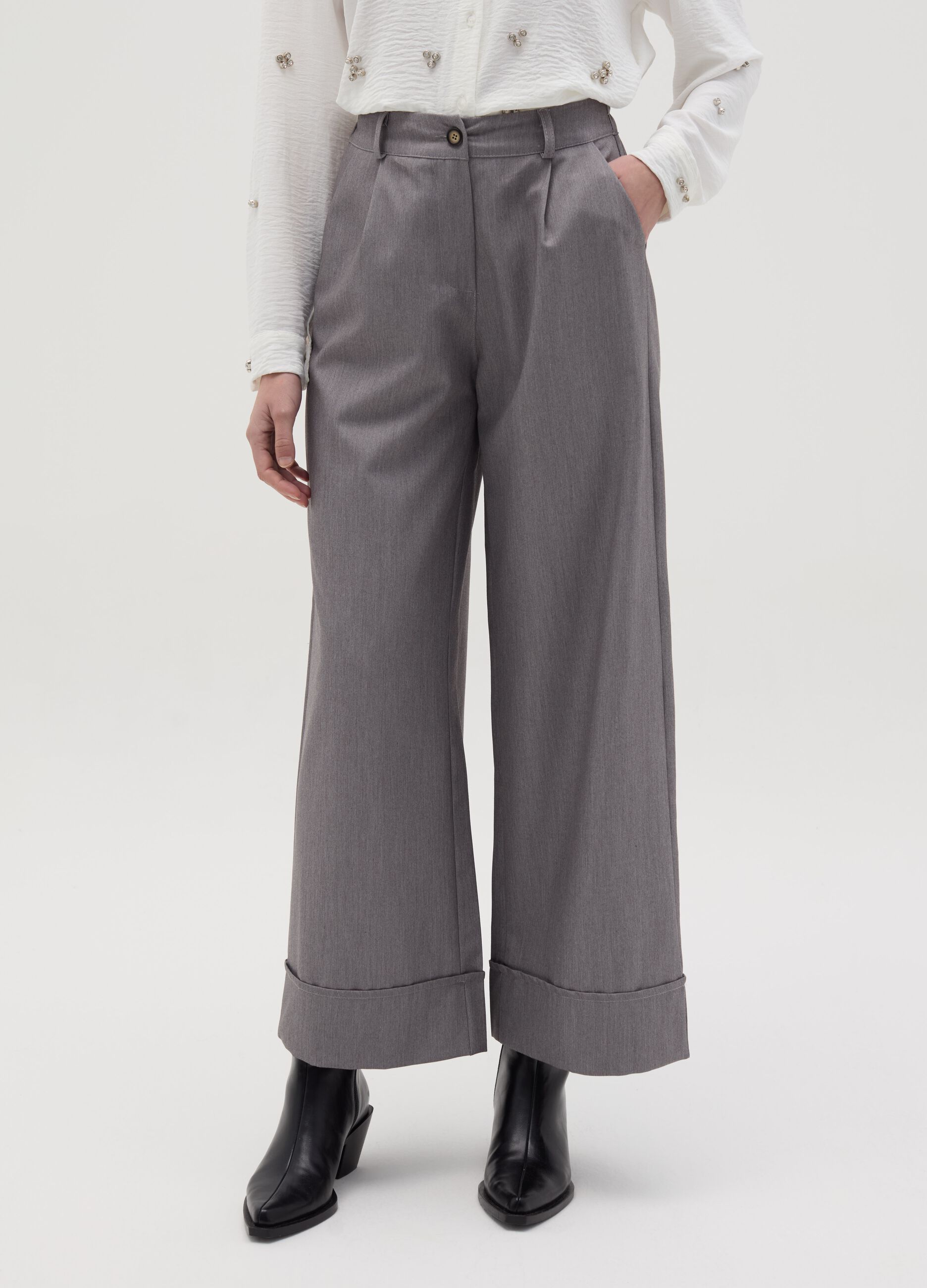 Wide-leg mélange trousers