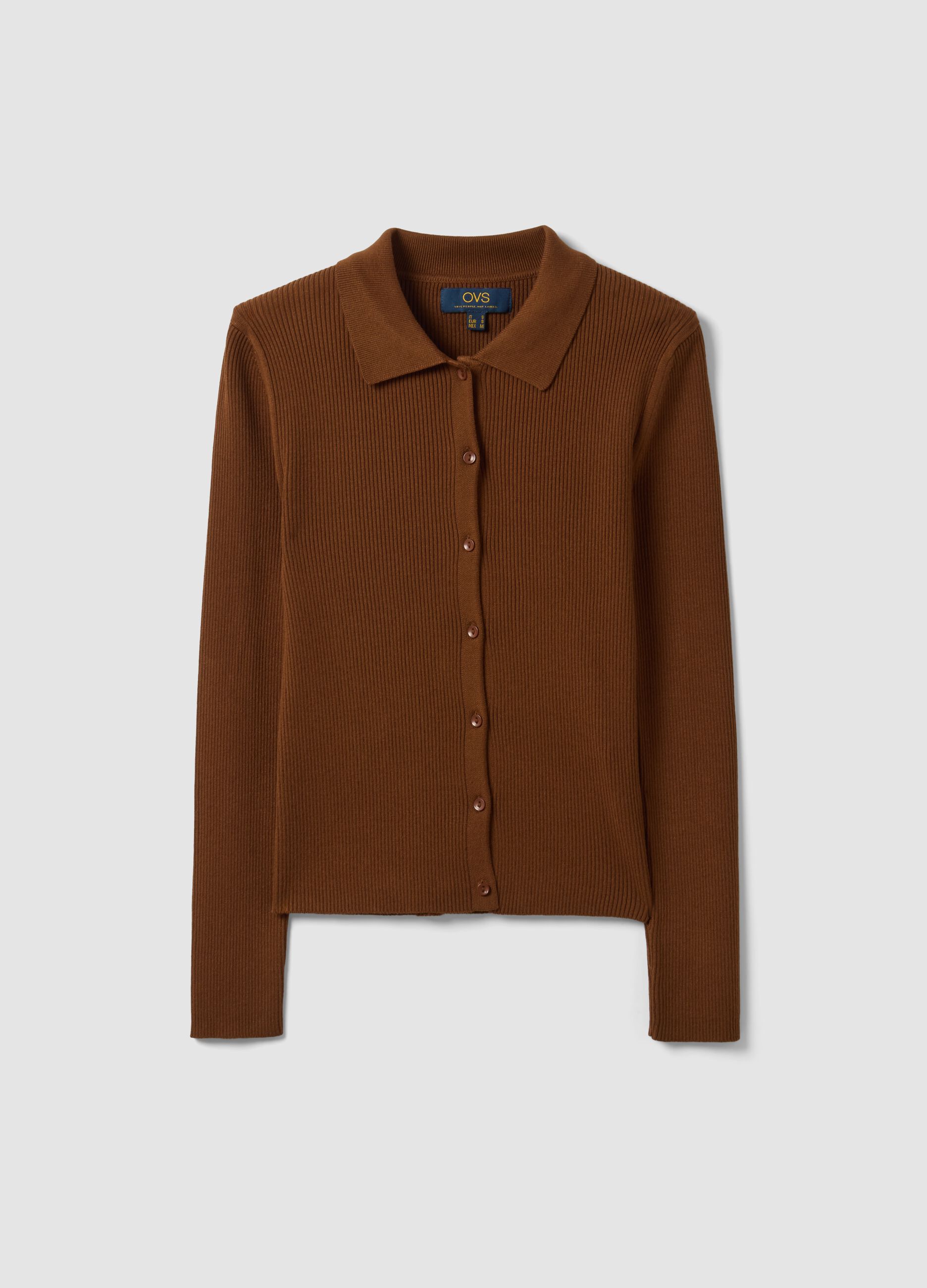 Brown fitted ribbed viscose-blend cardigan with polo collar