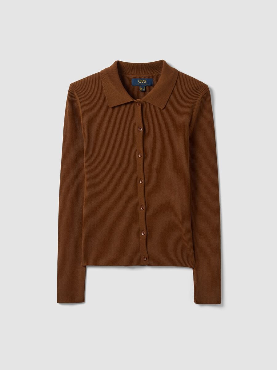 Cardigan fitted marrone a coste in misto viscosa con colletto polo_4
