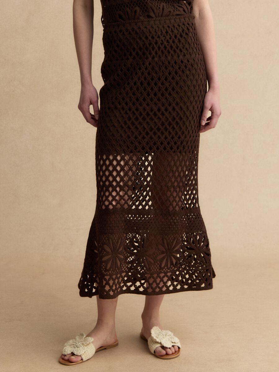 Gonna lunga in misto cotone marrone regular fit con design a maglia_1