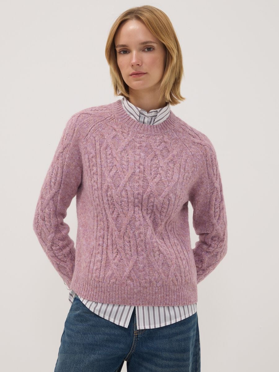 Pink wool-blend cable-knit crew neck jumper_0