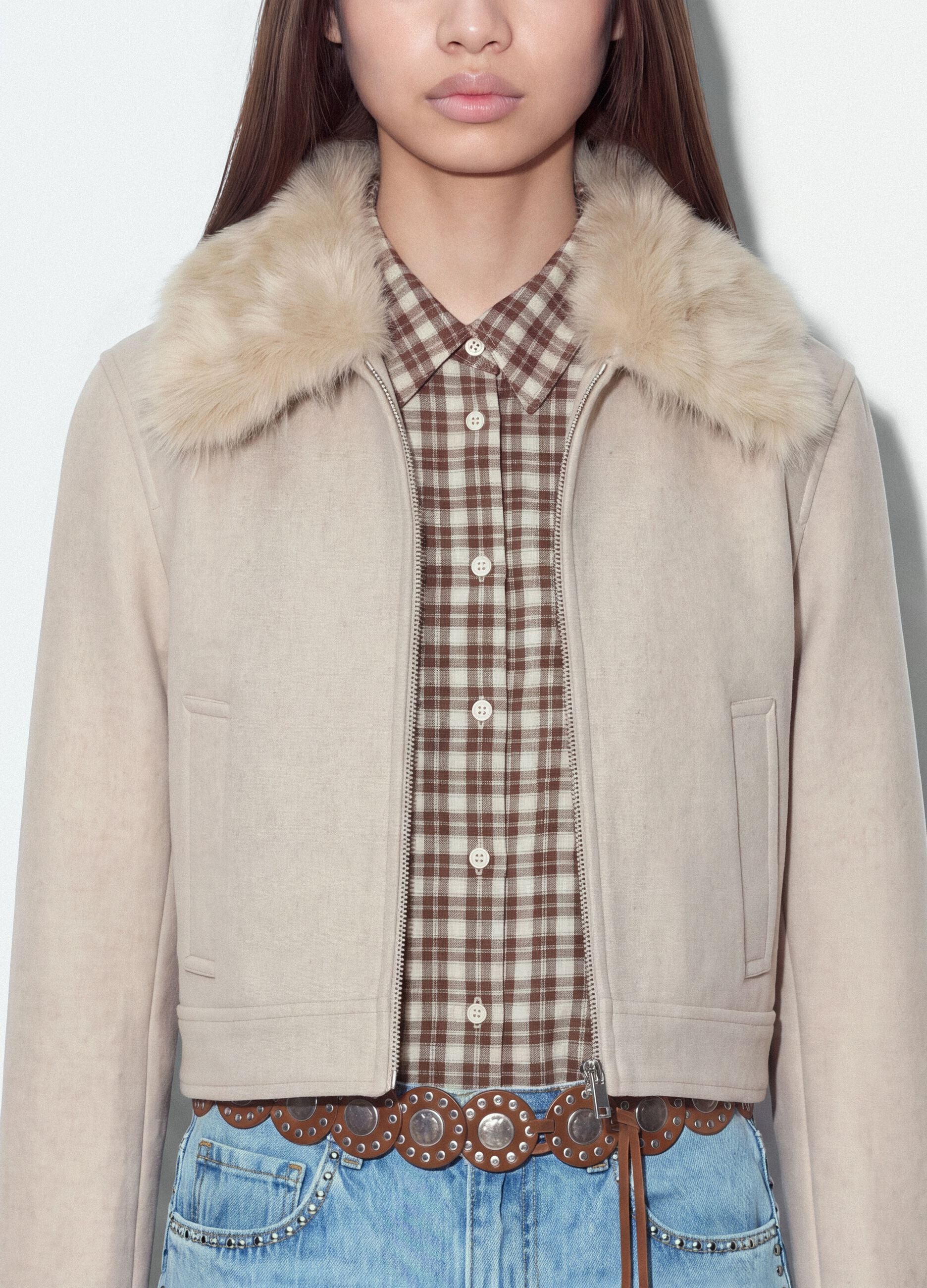 Giacca beige con zip e colletto a contrasto regular fit