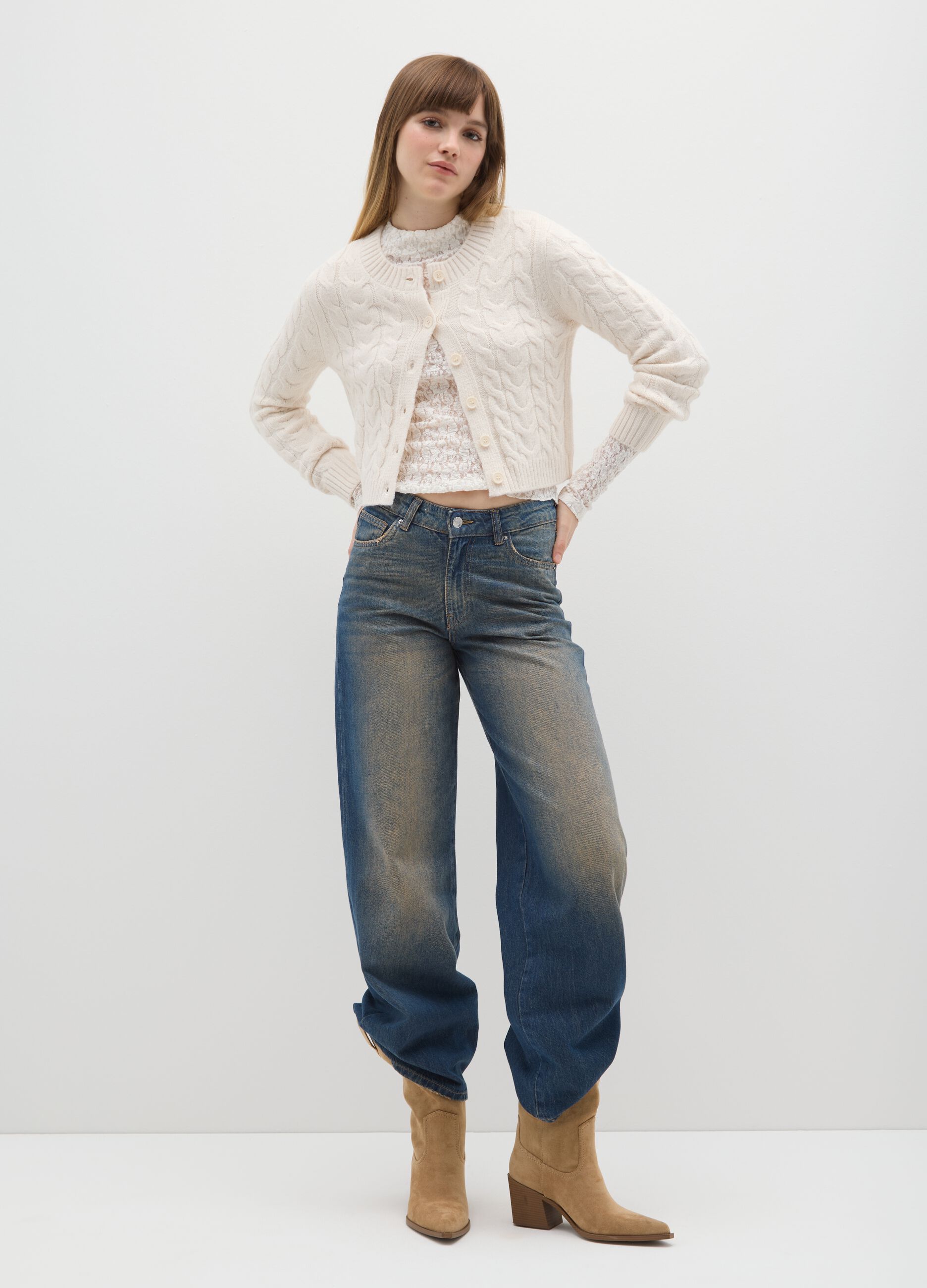 White regular fit cardigan with knitted design and buttons