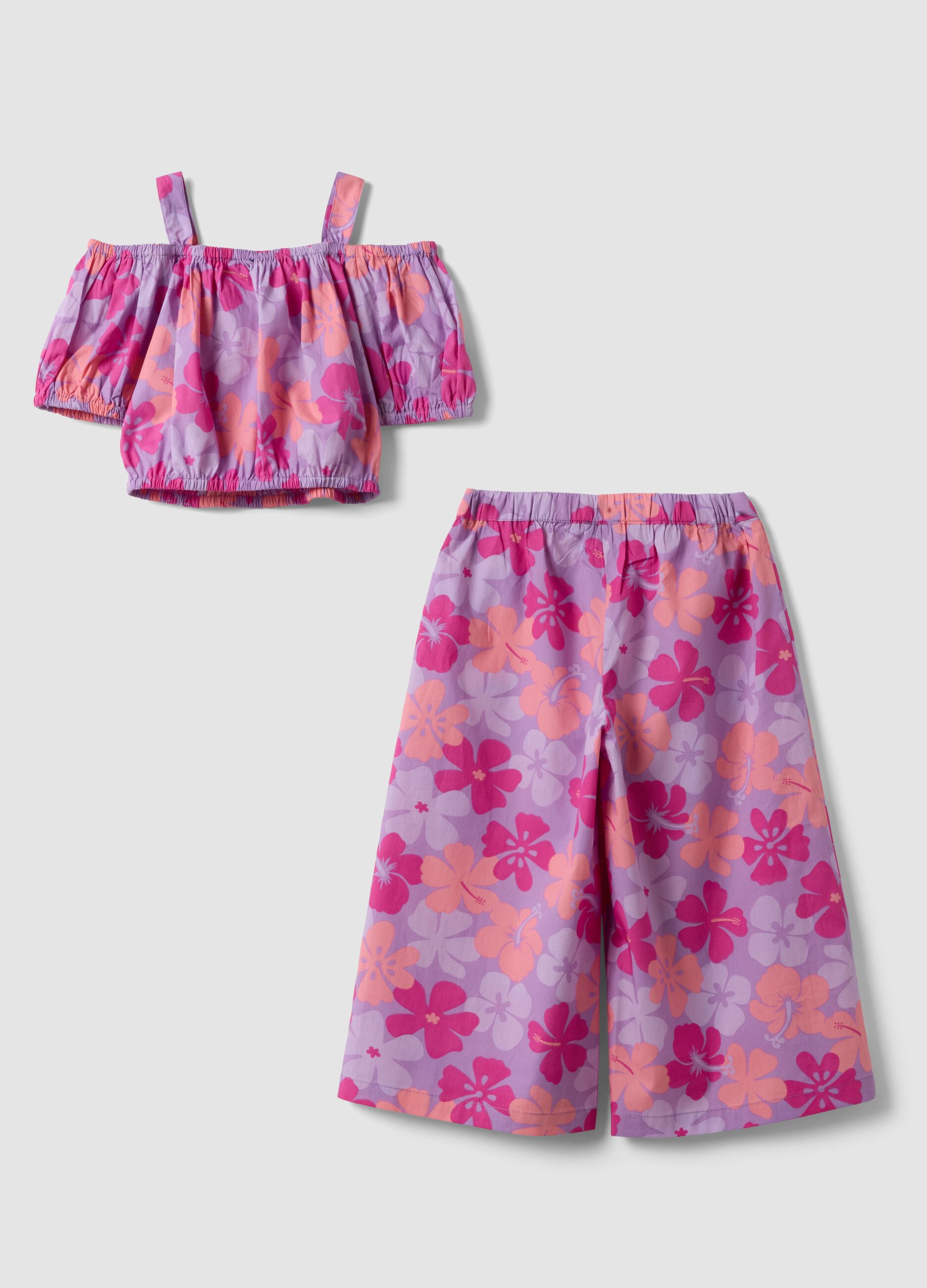 Purple pure cotton set with floral top and trousers