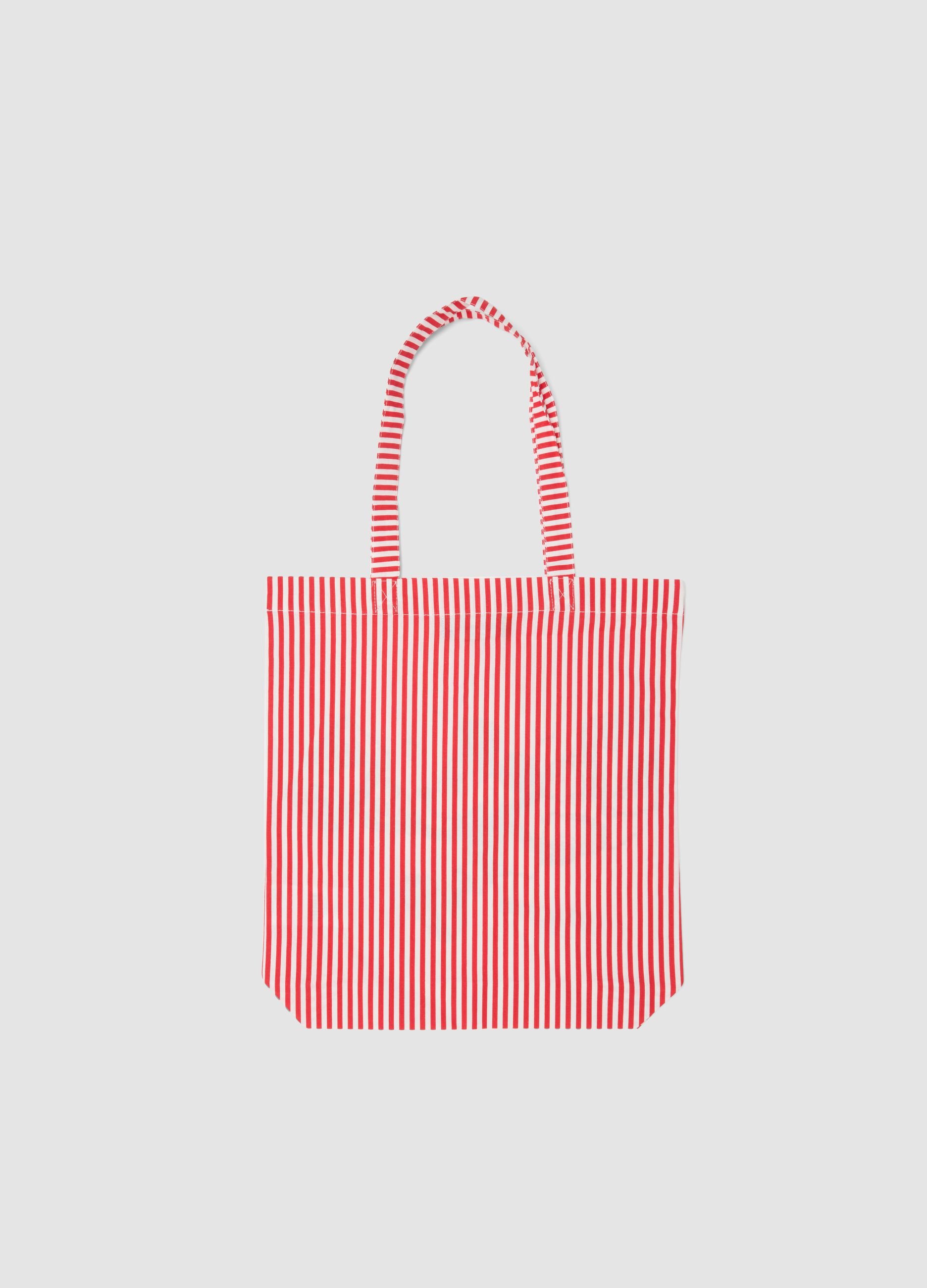 Red and white striped pure cotton tote bag with Mickey Mouse print