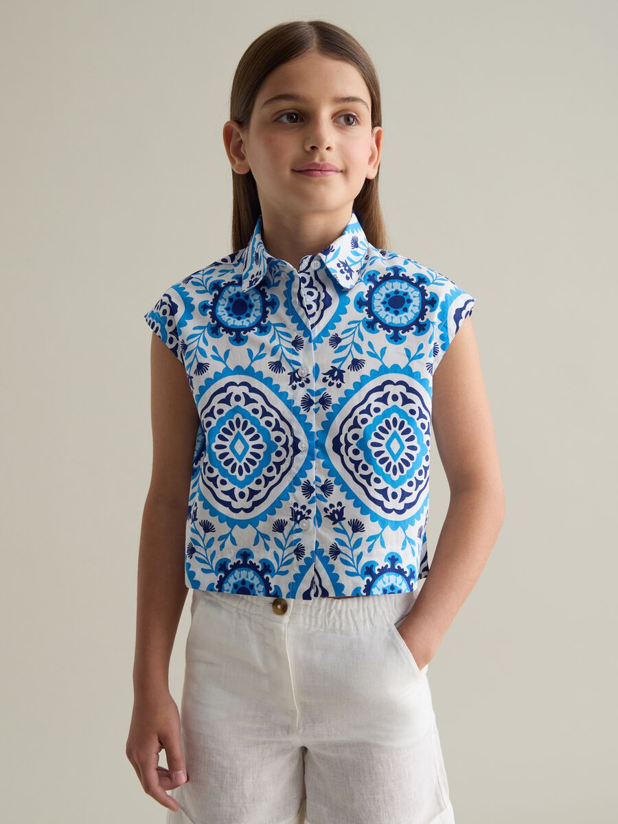 Sleeveless girl's shirt in multicolour pure cotton with print_0