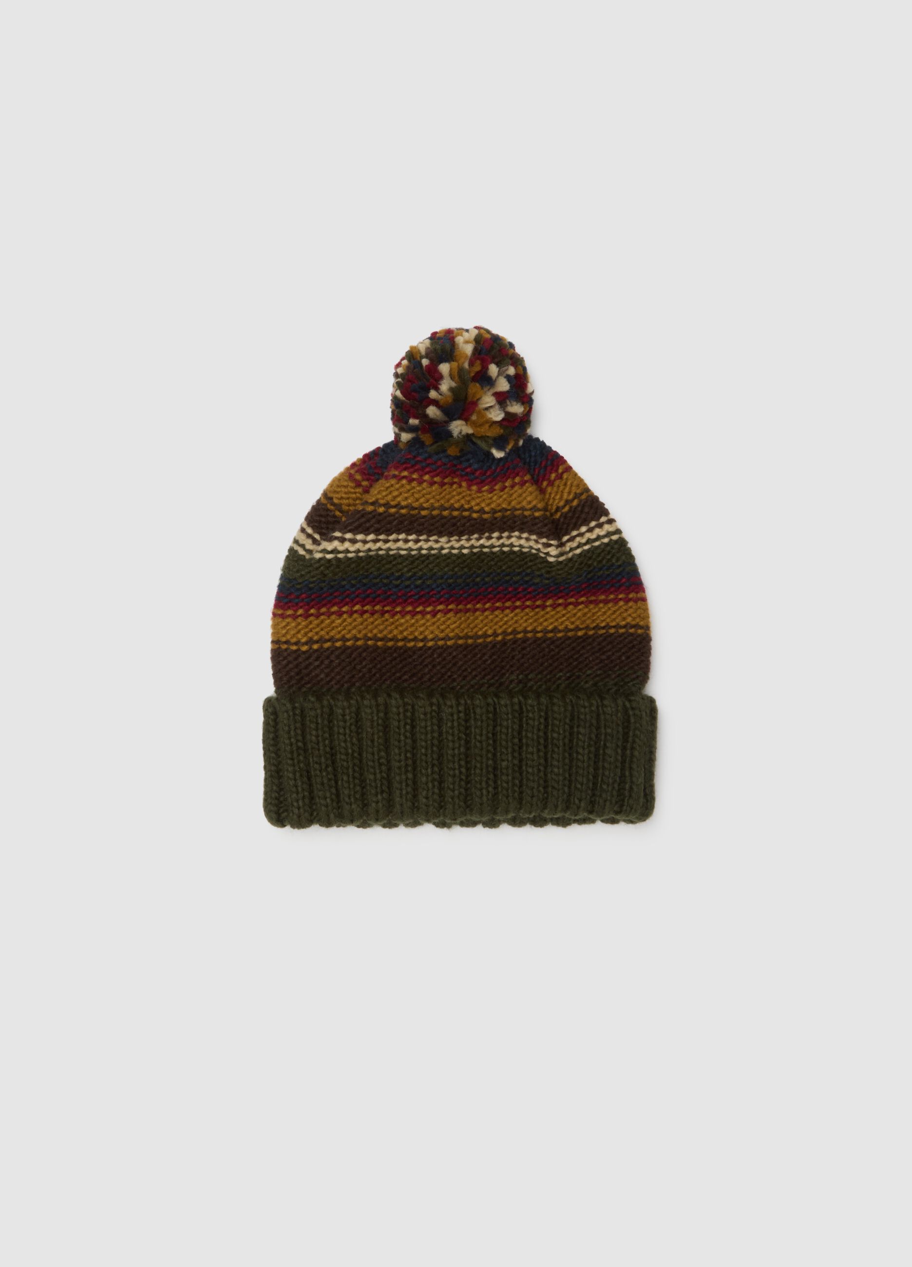 Brown striped beanie with pom-pom