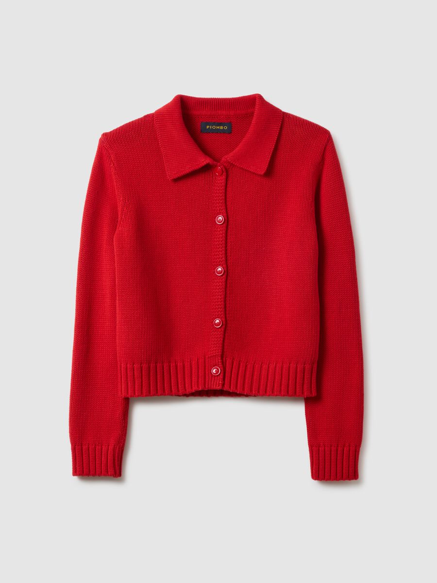 Regular Fit Red Cotton Cardigan with Polo Collar_4
