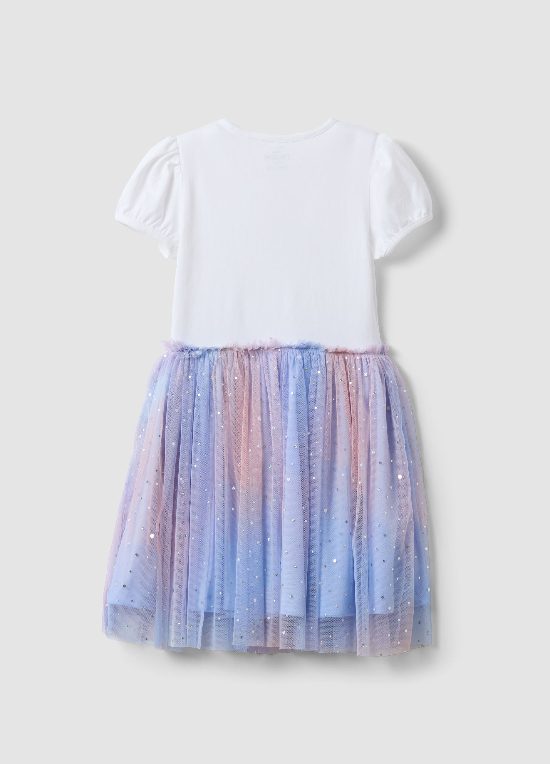Girls&rsquo; white stretch cotton dress with tulle skirt