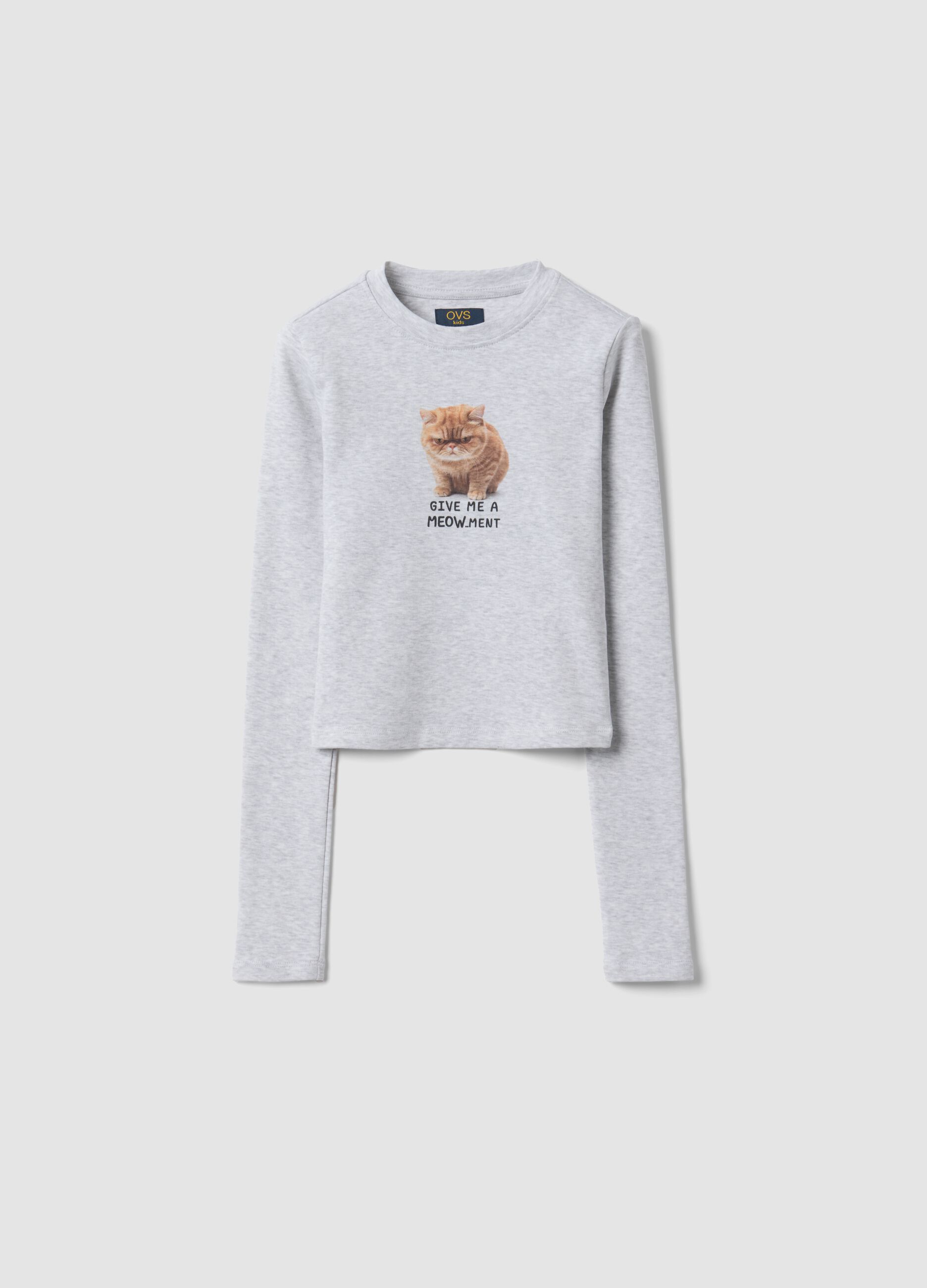 Grey stretch organic cotton T-shirt with ribbed neckline and cat print