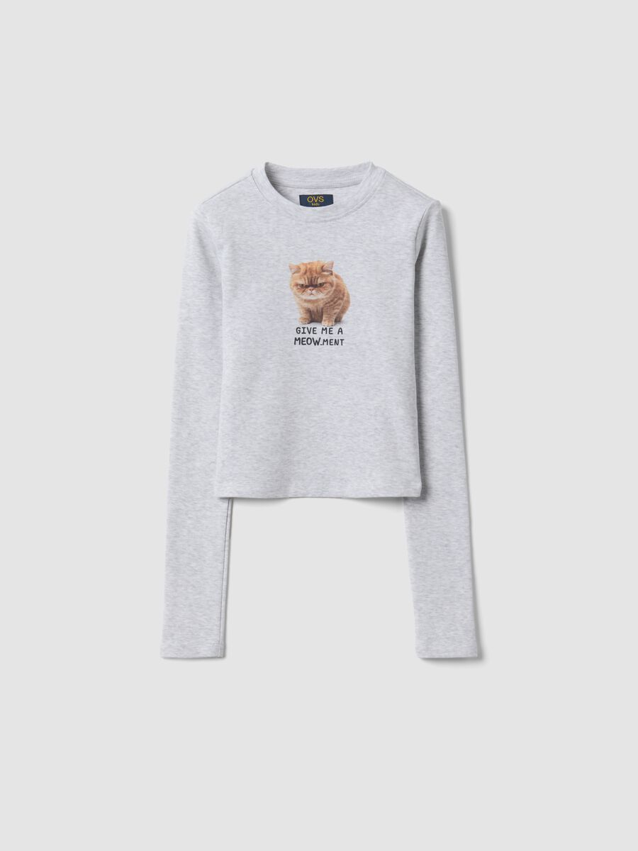 Grey stretch organic cotton T-shirt with ribbed neckline and cat print_3