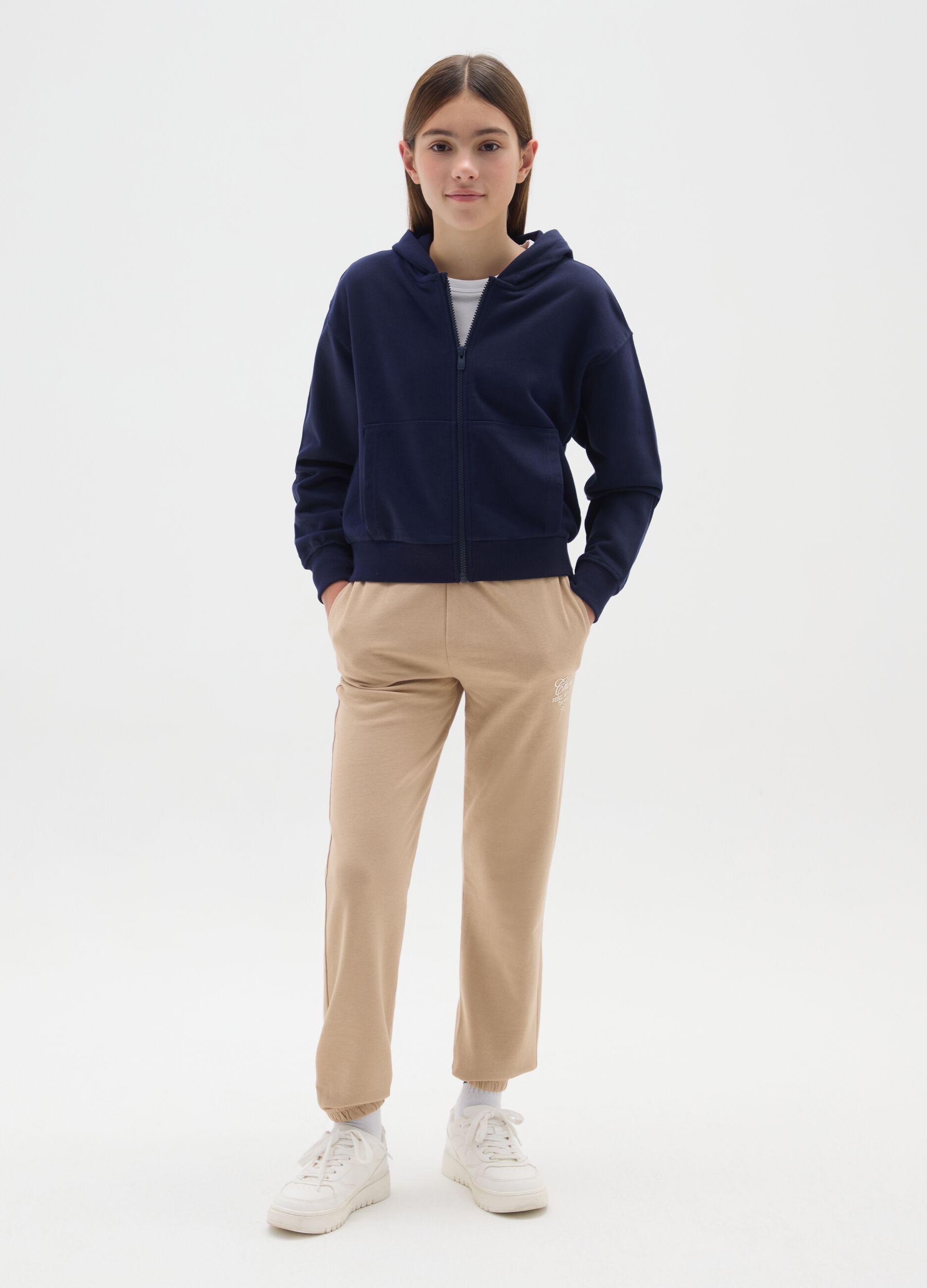 Girls' beige jogger trousers in cotton blend regular fit