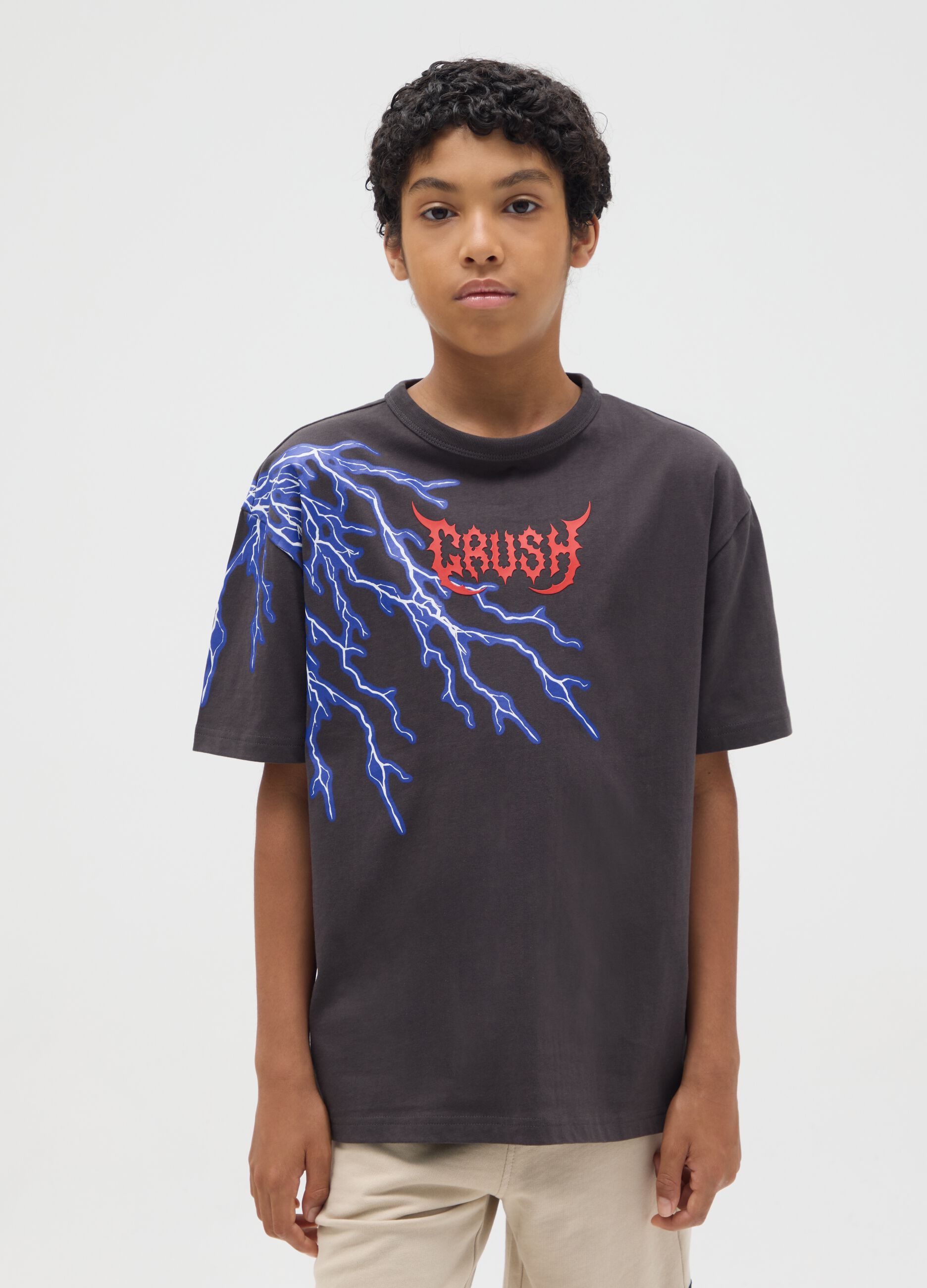 Cotton T-shirt with "Crush" lightning print