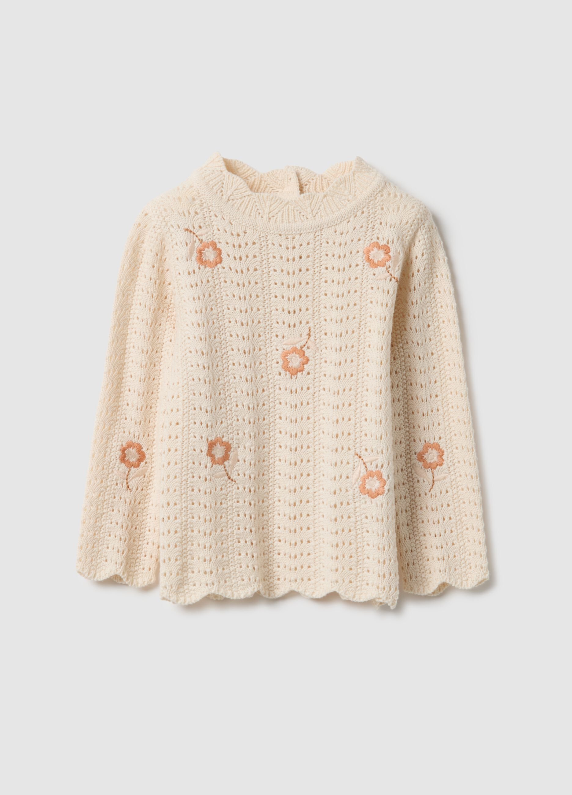 Beige pure cotton perforated jumper for girls, regular fit with embroidery