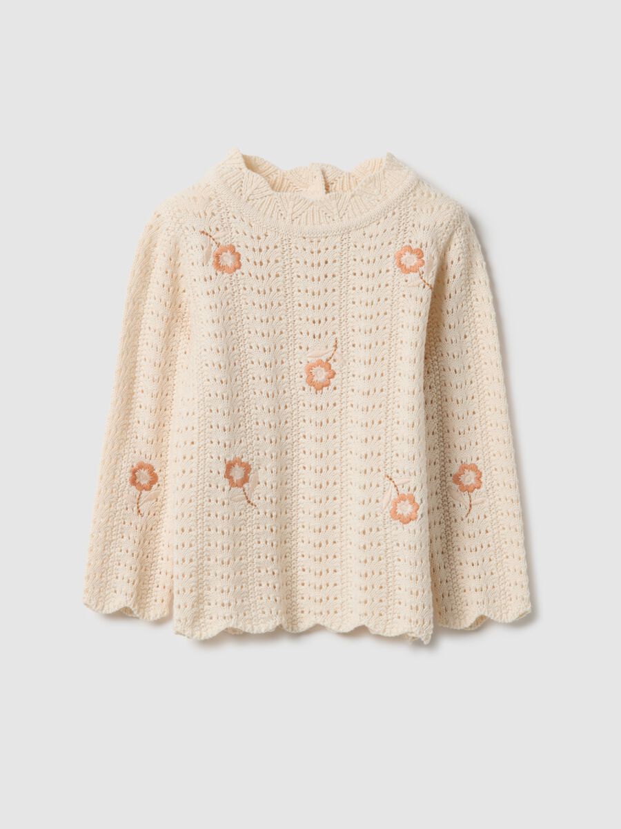 Beige pure cotton perforated jumper for girls, regular fit with embroidery_0