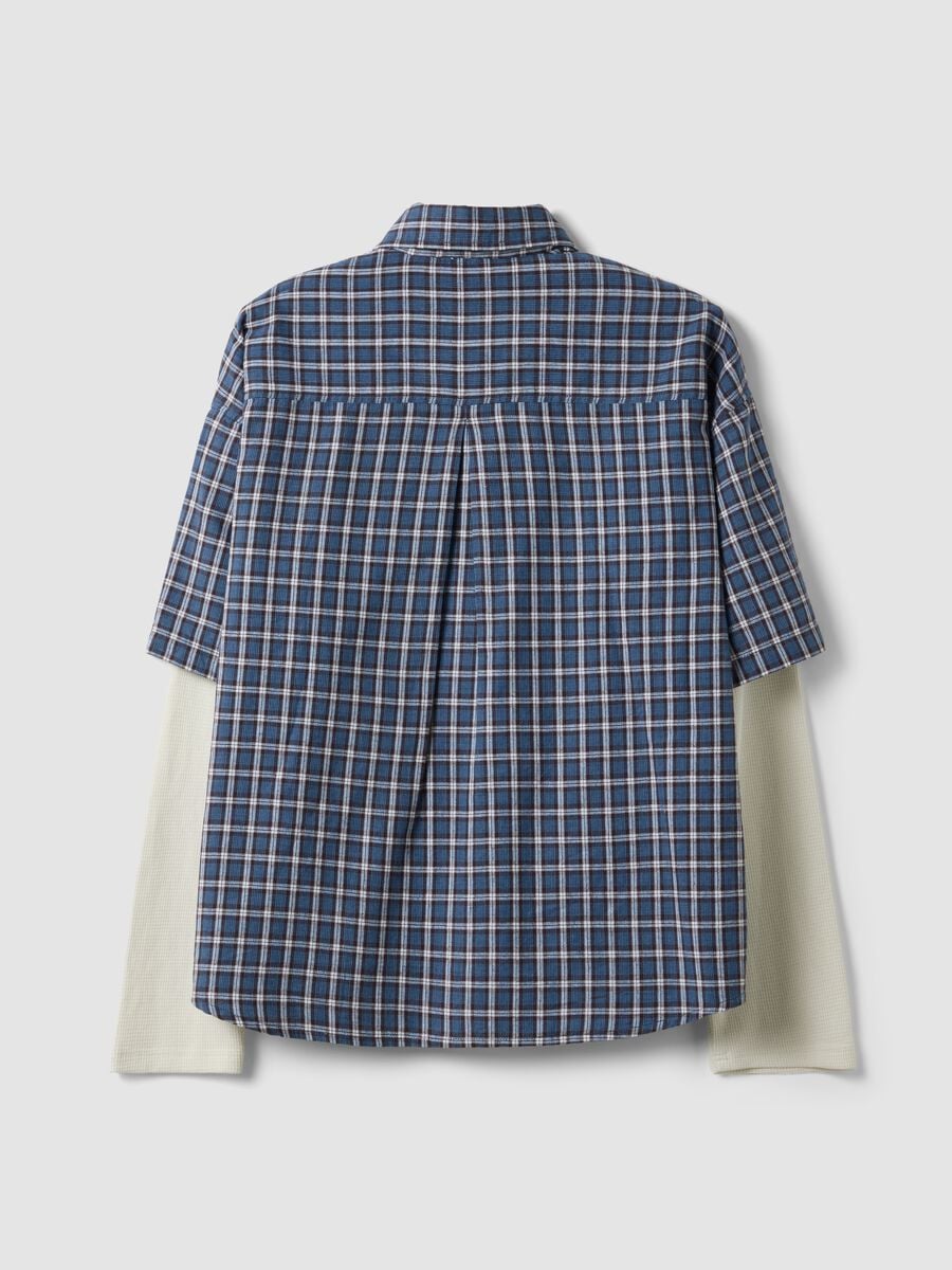Camicia cropped blu a quadri in puro cotone con maniche doppie over fit_6