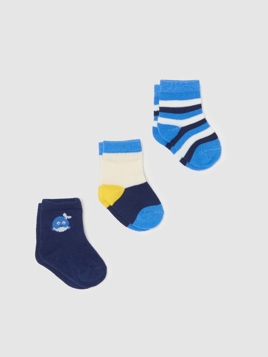 Three-pair pack short socks with whales and striped design_0